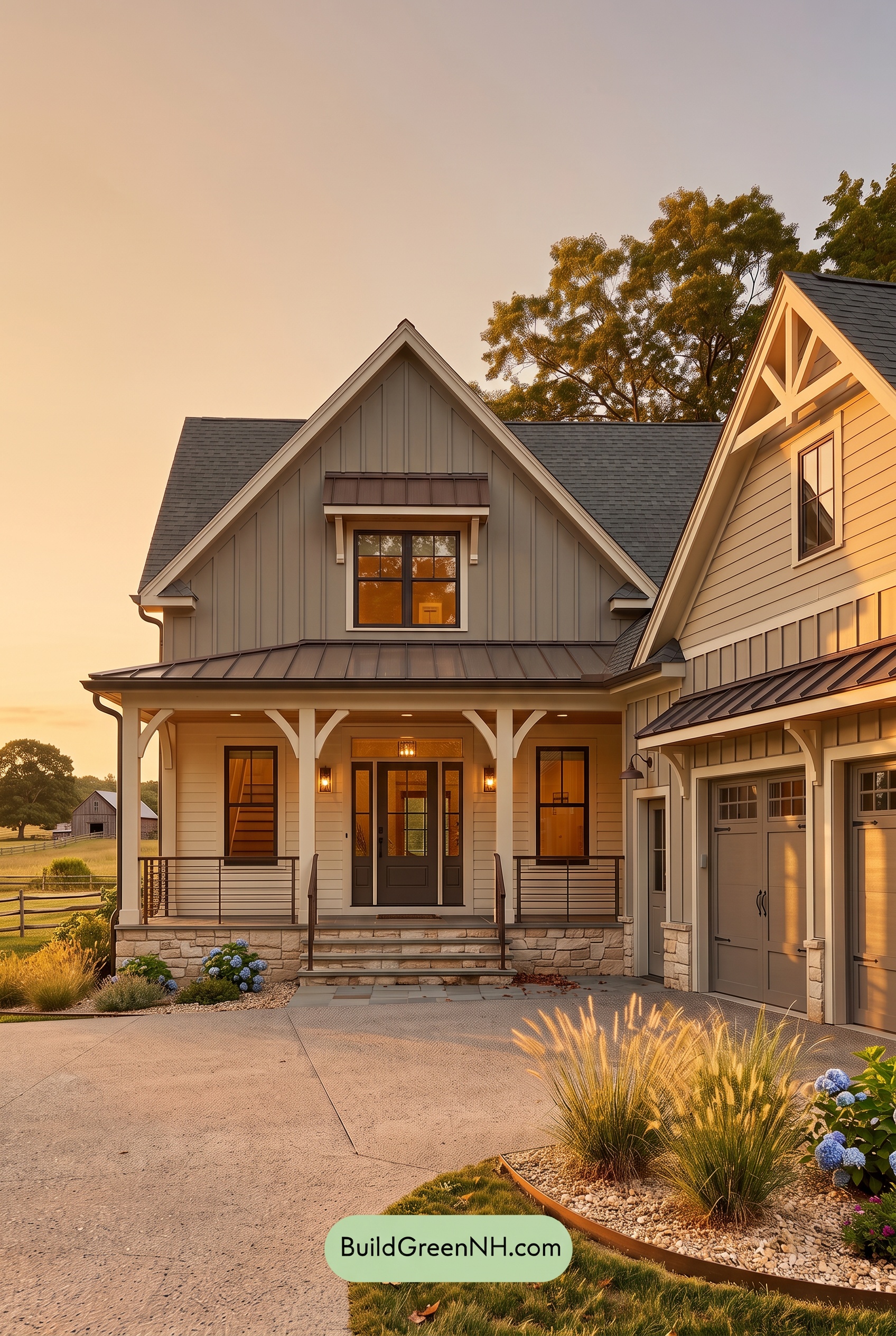 Warm Gray and Cream Farmhouse Exterior Color Scheme: Pewter Cream Ember - Golden Hour