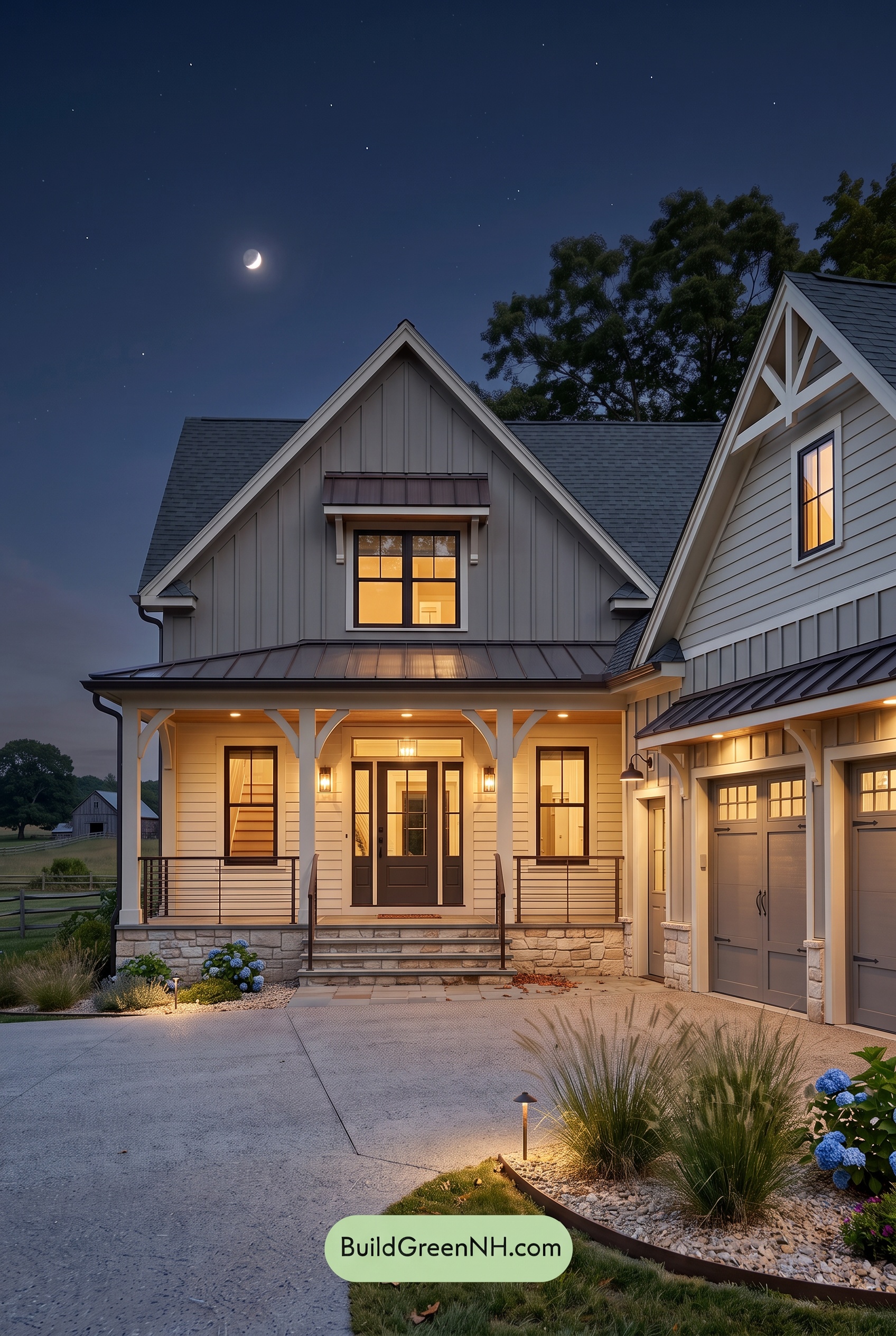 Warm Gray and Cream Farmhouse Exterior Color Scheme: Pewter Cream Ember - Nighttime