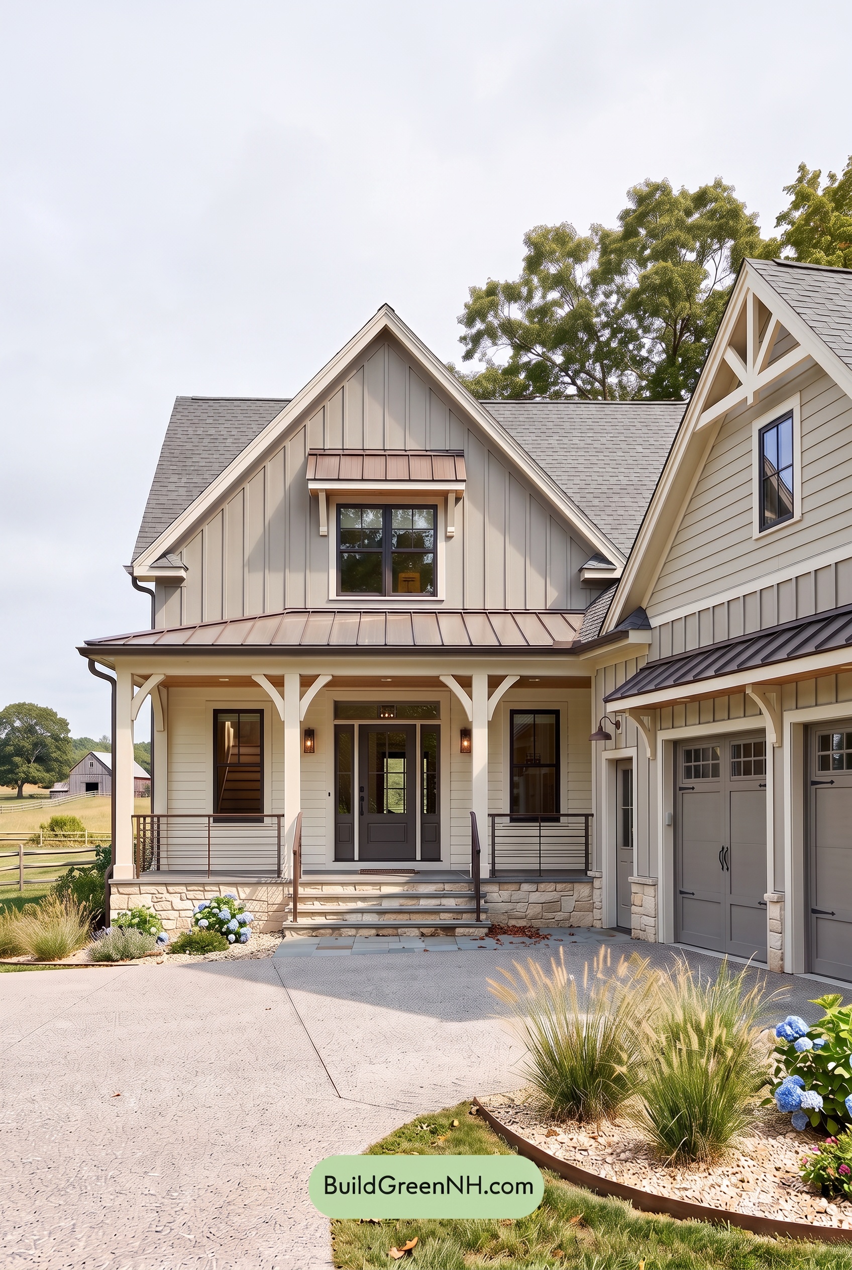 Warm Gray and Cream Farmhouse Exterior Color Scheme: Pewter Cream Ember - Overcast