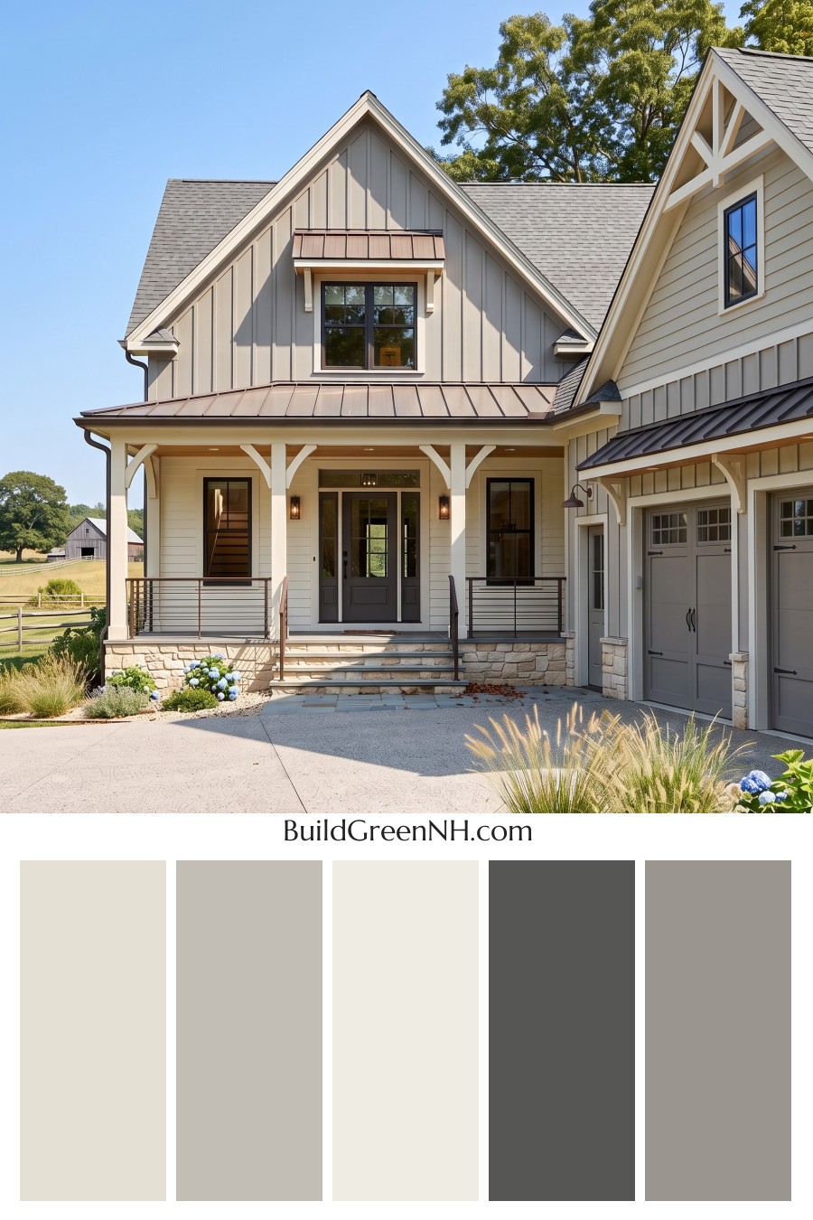 Warm Gray and Cream Farmhouse Exterior Color Scheme: Pewter Cream Ember