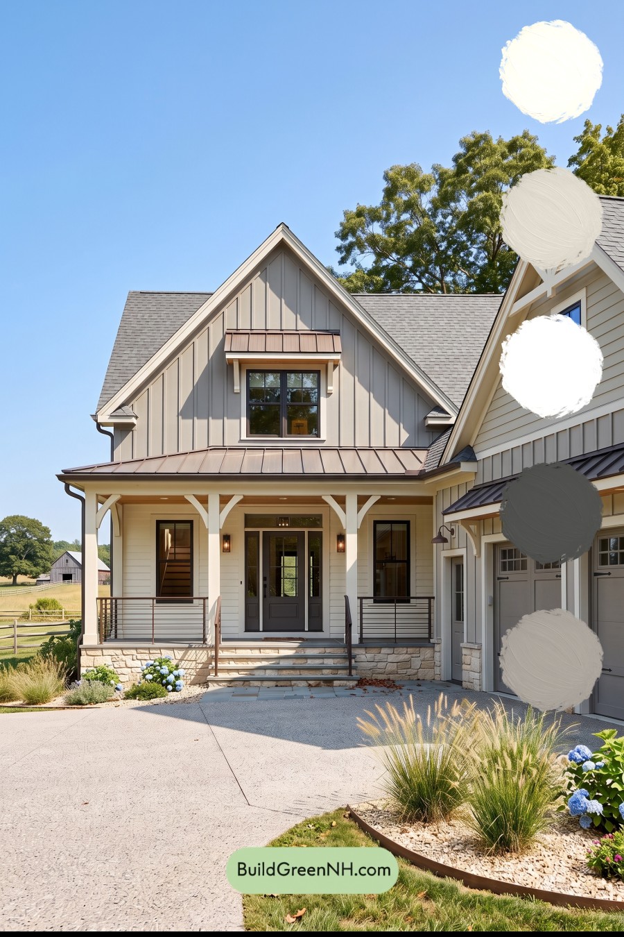 Warm Gray and Cream Farmhouse Exterior Color Scheme: Pewter Cream Ember