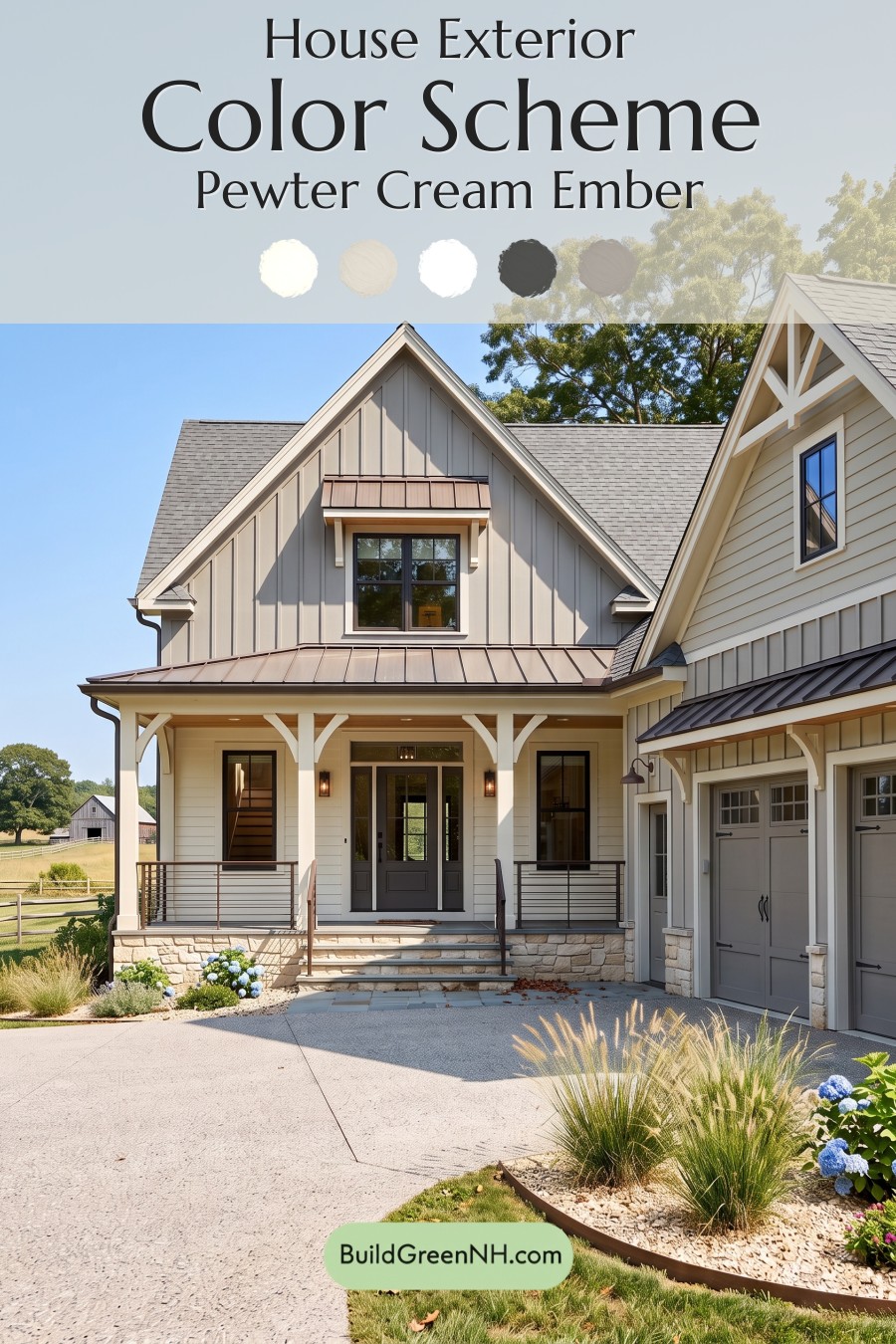 Warm Gray and Cream Farmhouse Exterior Color Scheme: Pewter Cream Ember
