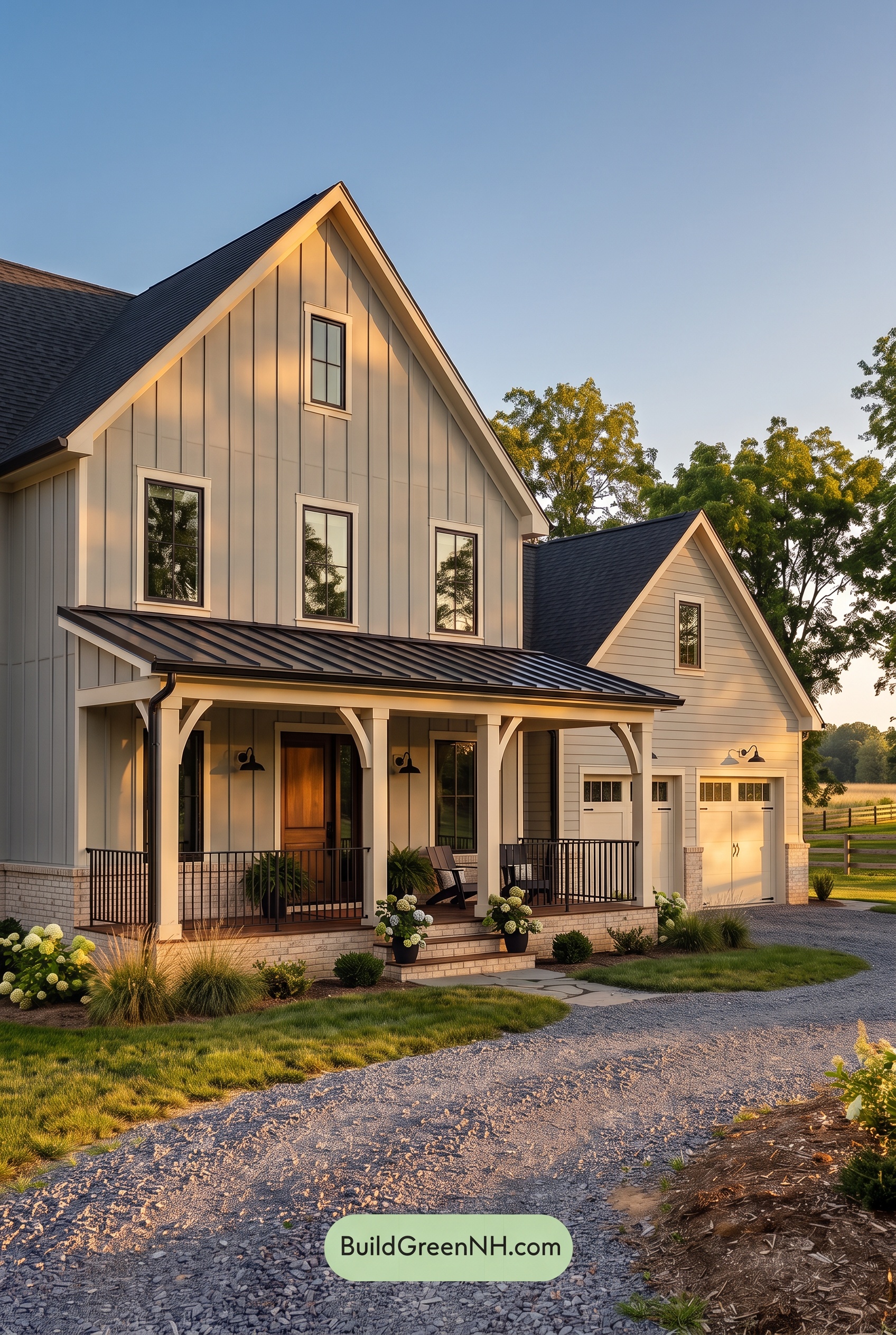 Warm Gray and Cream Farmhouse Exterior Color Scheme: Quiet Hearthline - Golden Hour