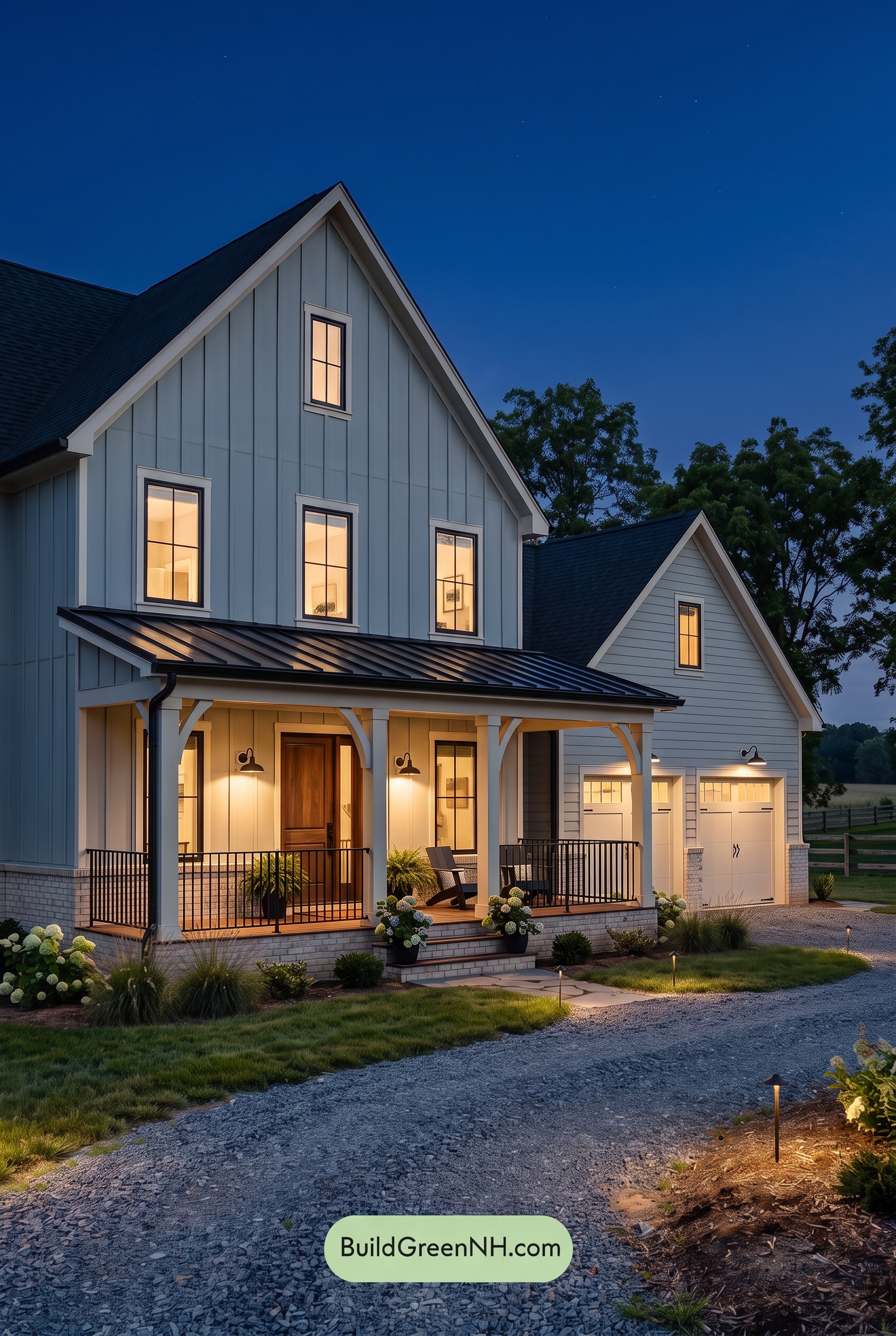 Warm Gray and Cream Farmhouse Exterior Color Scheme: Quiet Hearthline - Nighttime