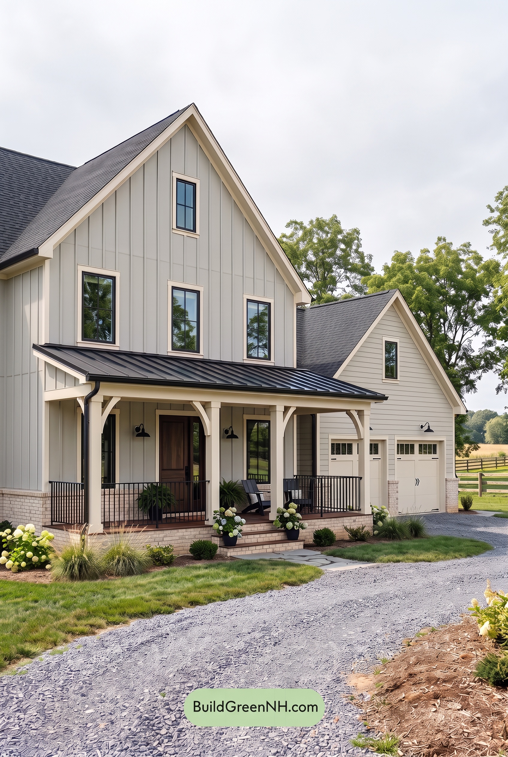 Warm Gray and Cream Farmhouse Exterior Color Scheme: Quiet Hearthline - Overcast