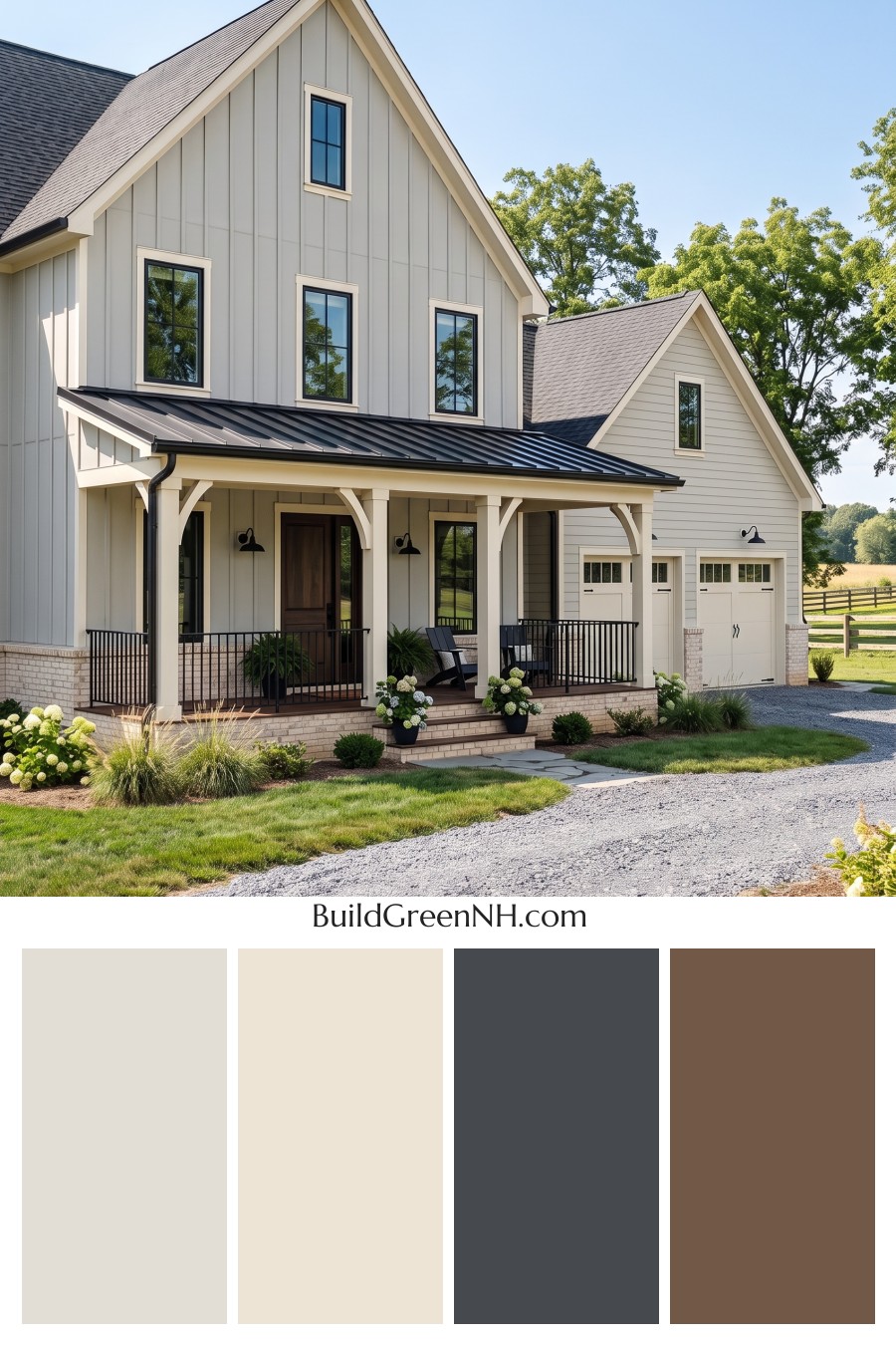 Warm Gray and Cream Farmhouse Exterior Color Scheme: Quiet Hearthline