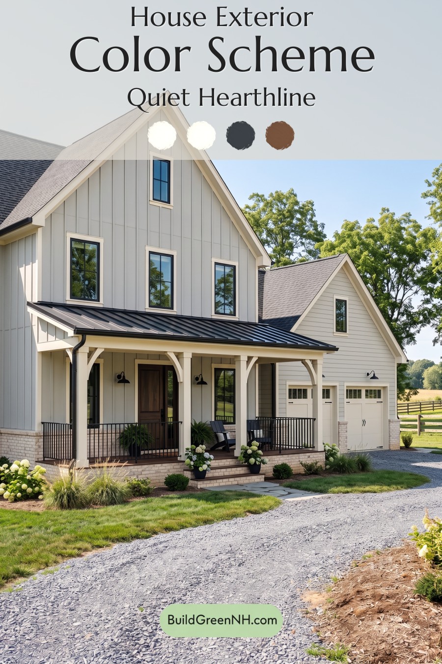 Warm Gray and Cream Farmhouse Exterior Color Scheme: Quiet Hearthline