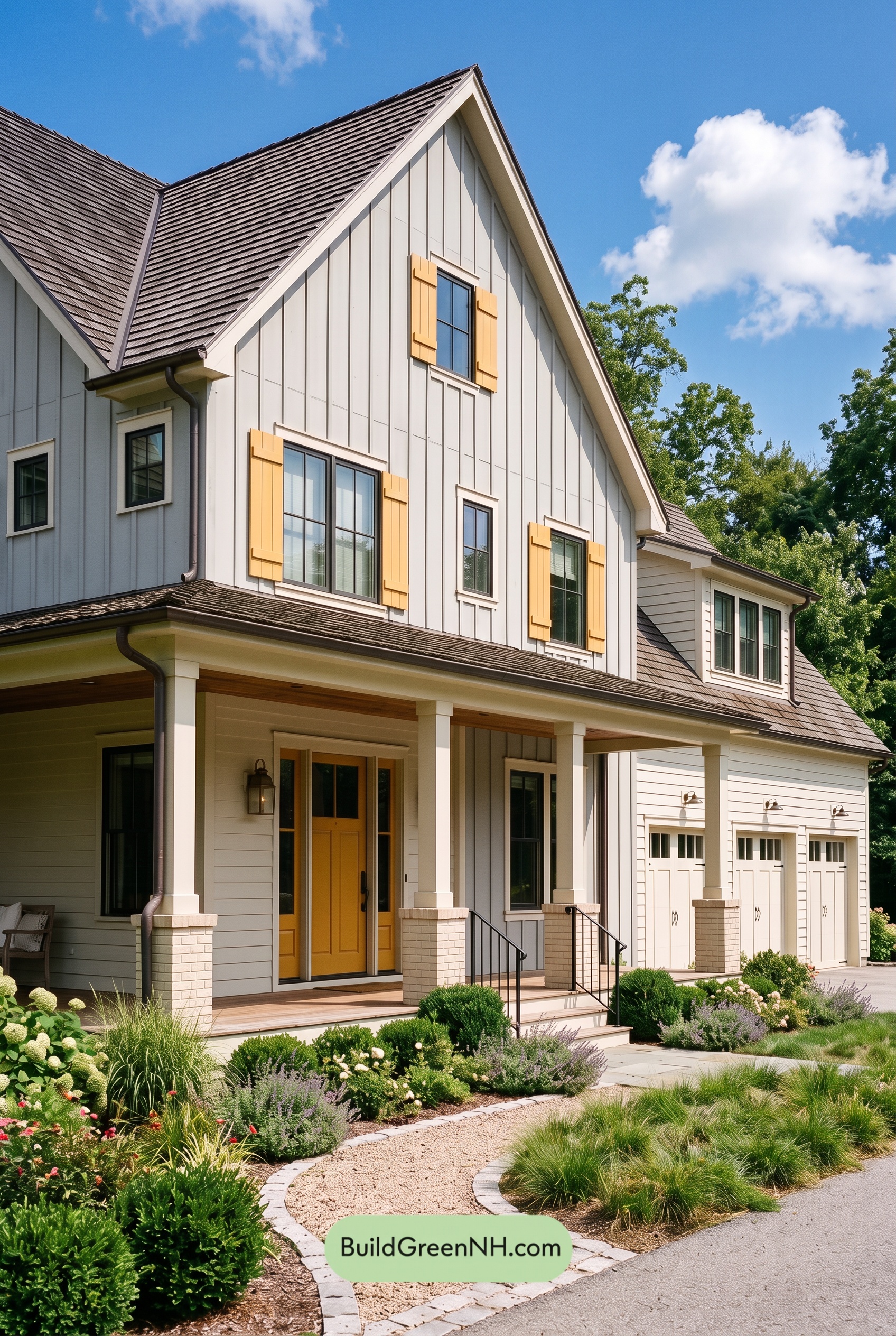 Warm Gray and Cream Farmhouse Exterior Color Scheme: Saffron Shutterline