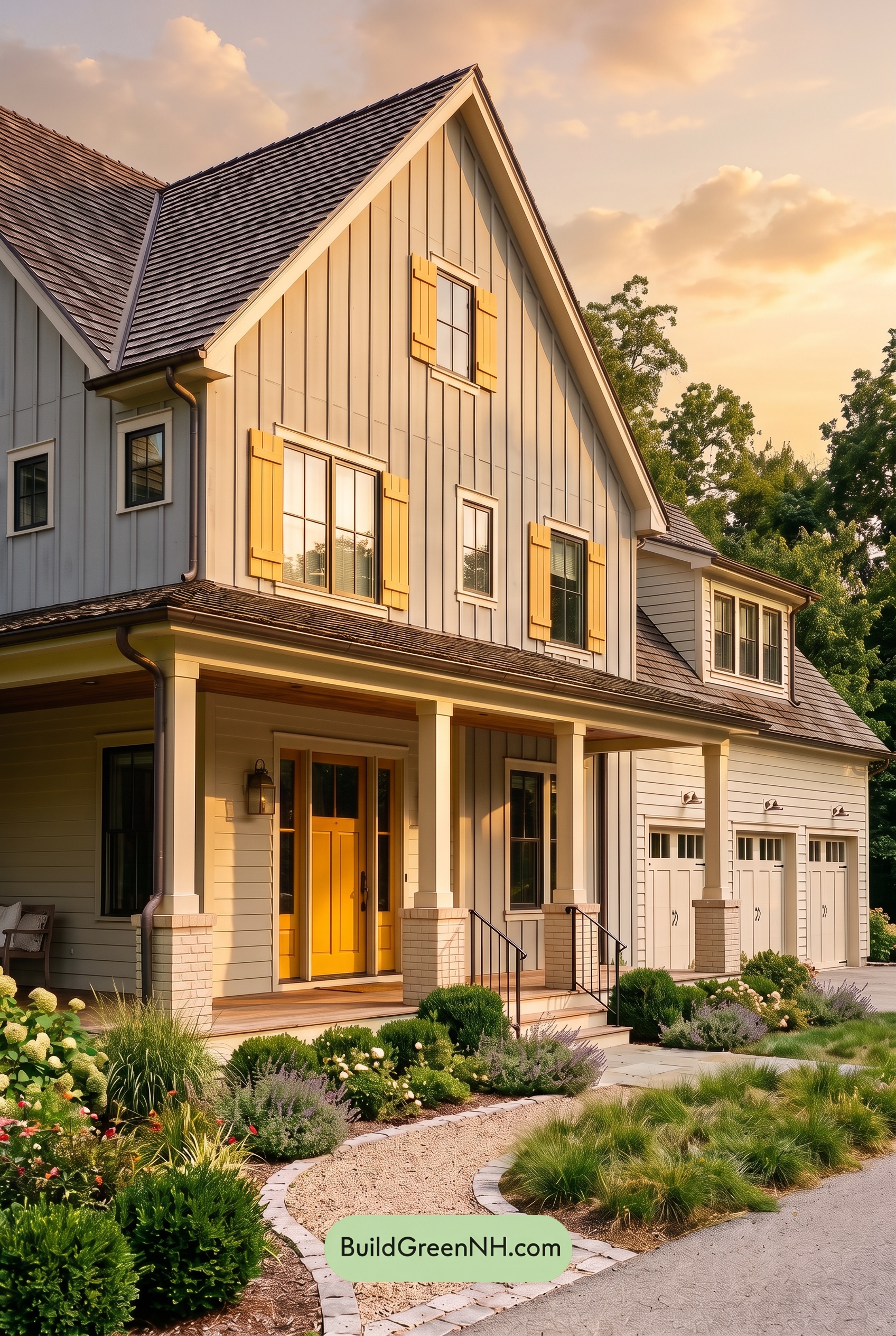 Warm Gray and Cream Farmhouse Exterior Color Scheme: Saffron Shutterline - Golden Hour
