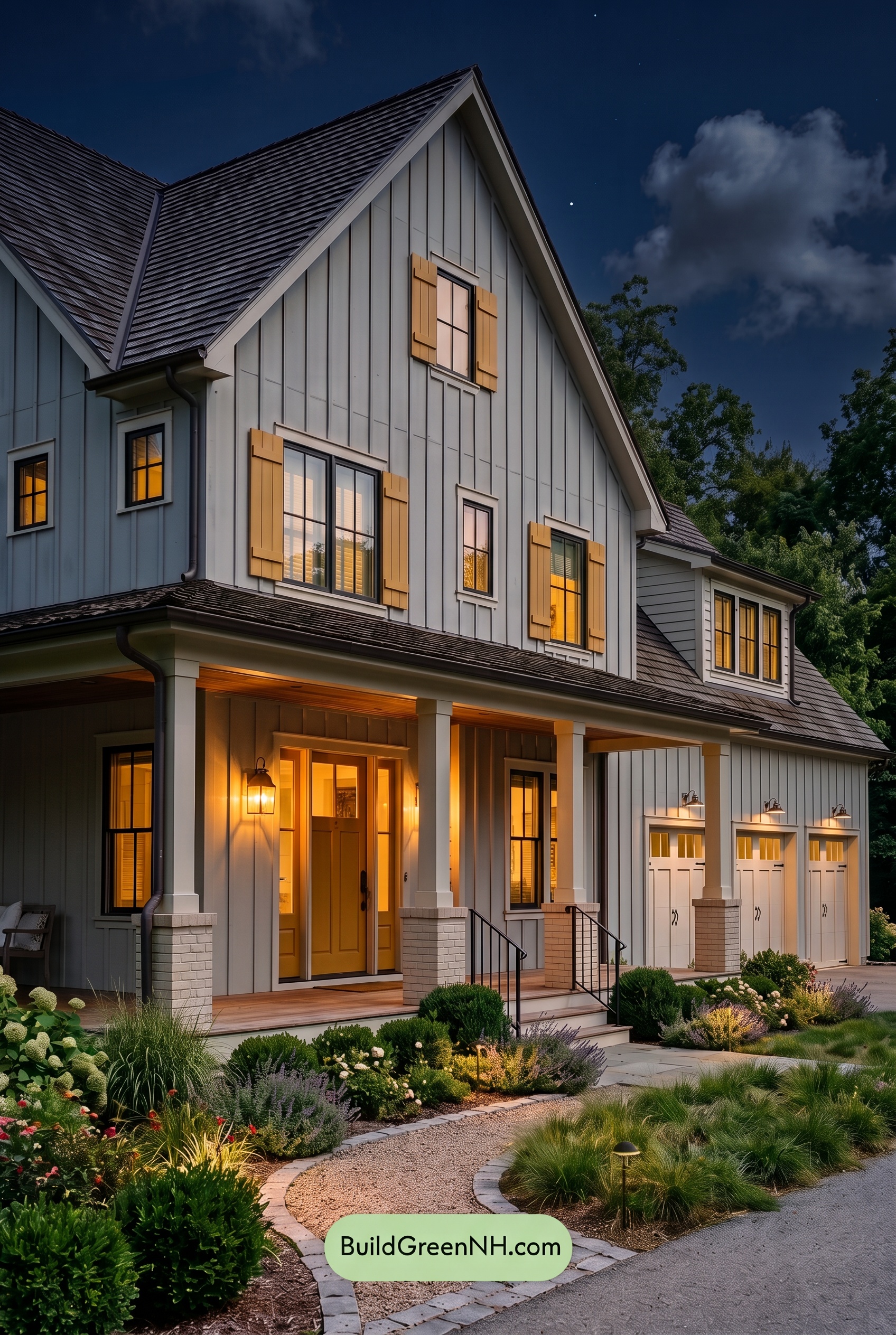 Warm Gray and Cream Farmhouse Exterior Color Scheme: Saffron Shutterline - Nighttime