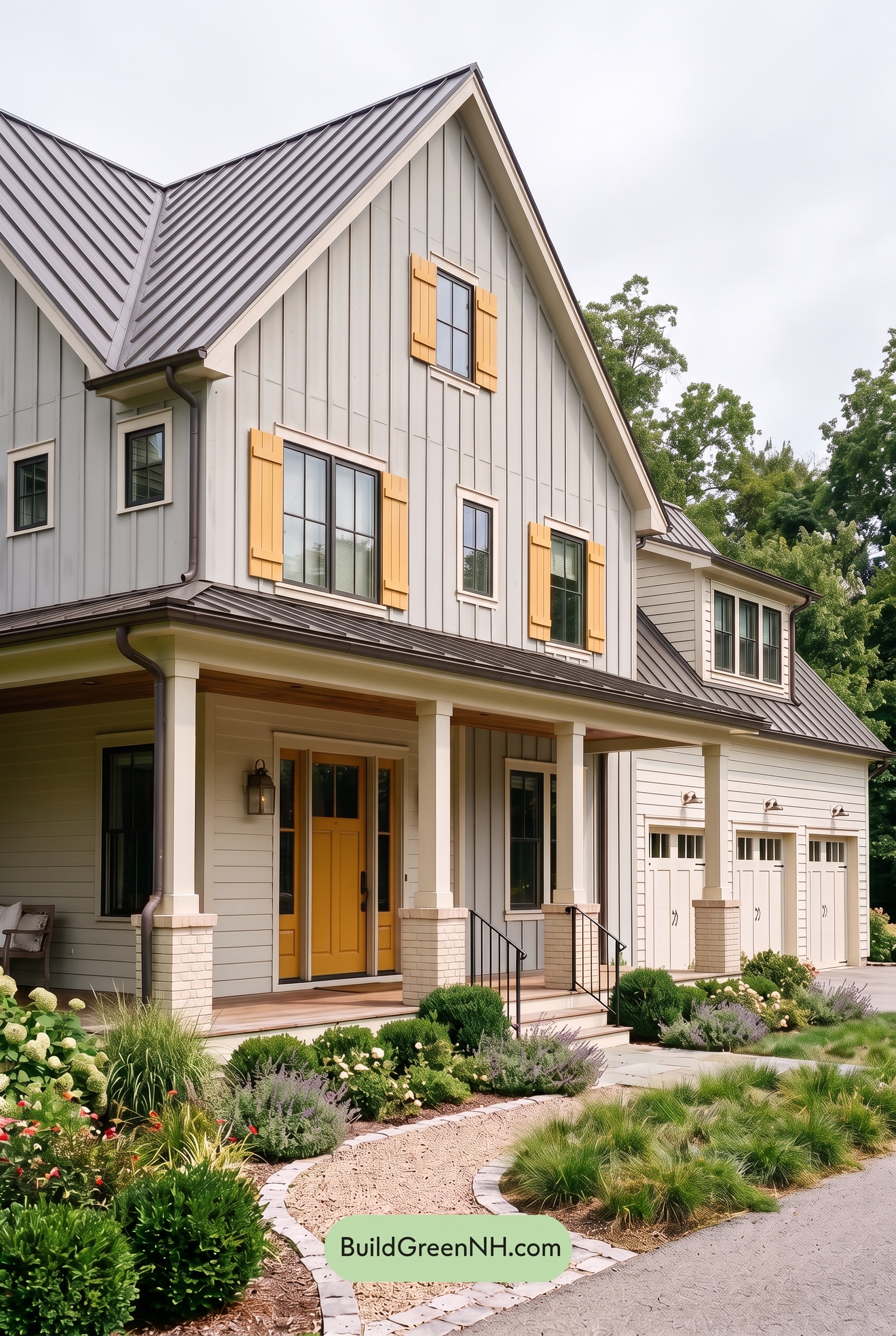 Warm Gray and Cream Farmhouse Exterior Color Scheme: Saffron Shutterline - Overcast