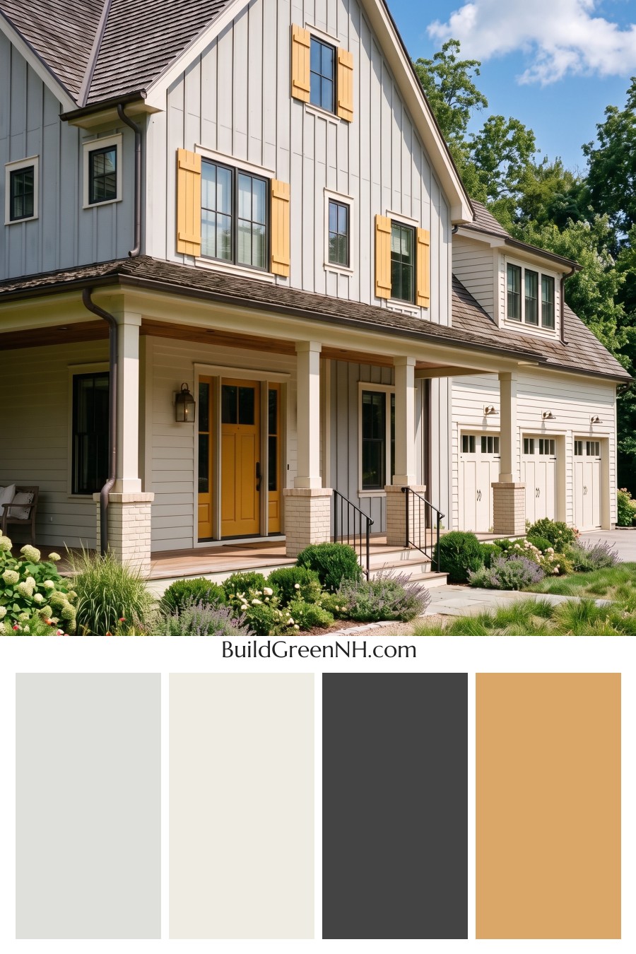 Warm Gray and Cream Farmhouse Exterior Color Scheme: Saffron Shutterline