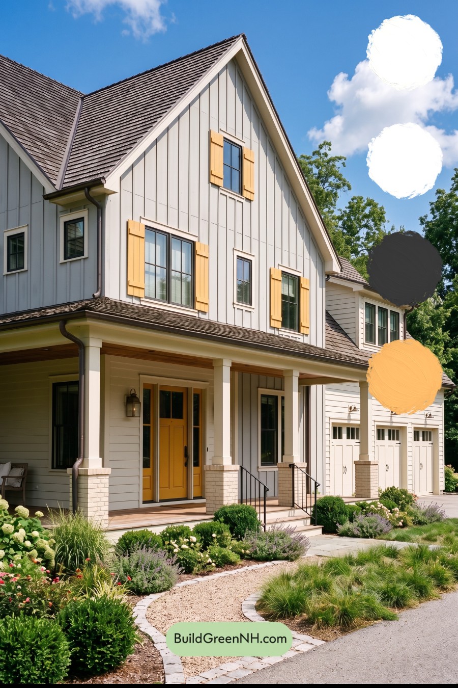 Warm Gray and Cream Farmhouse Exterior Color Scheme: Saffron Shutterline