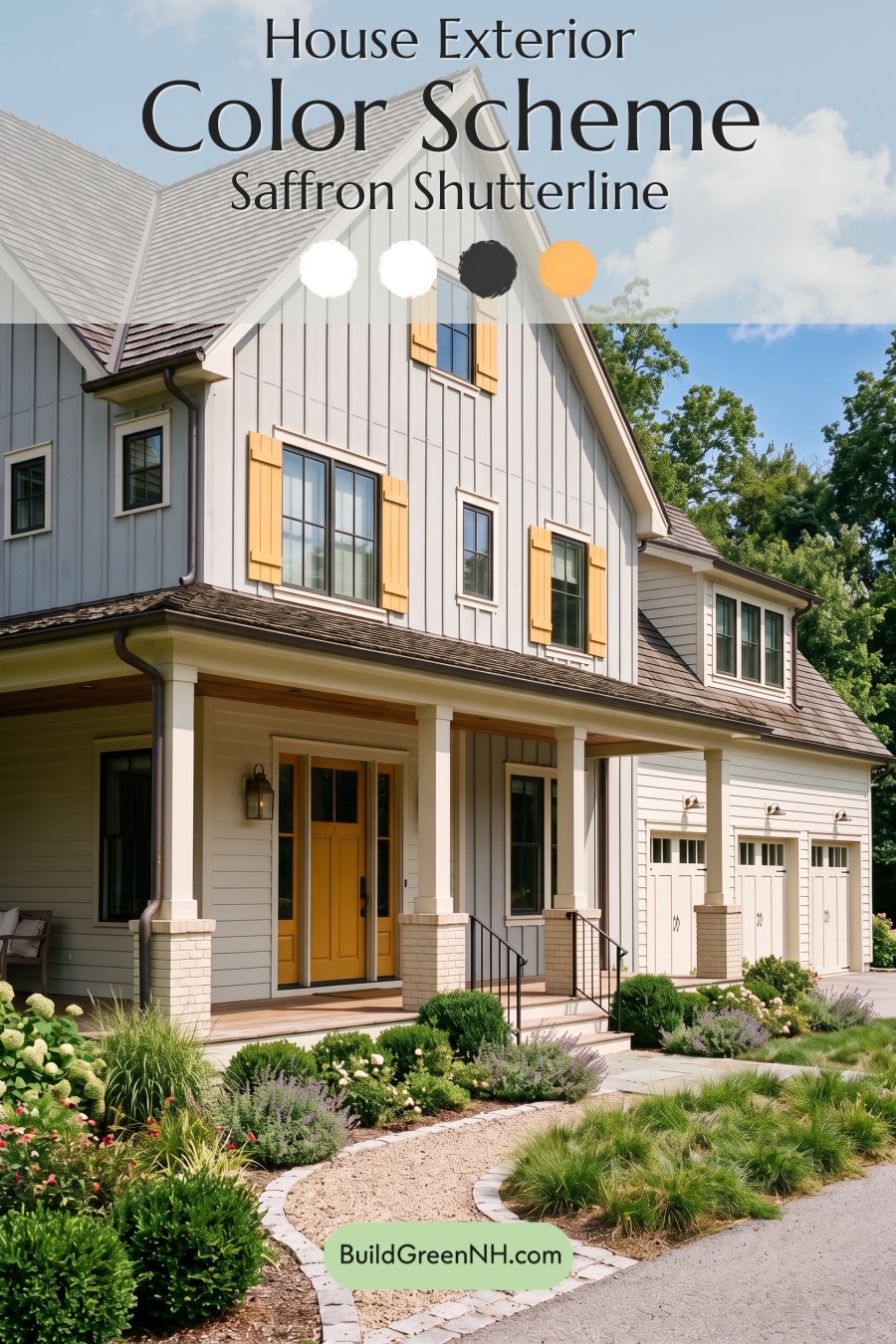 Warm Gray and Cream Farmhouse Exterior Color Scheme: Saffron Shutterline