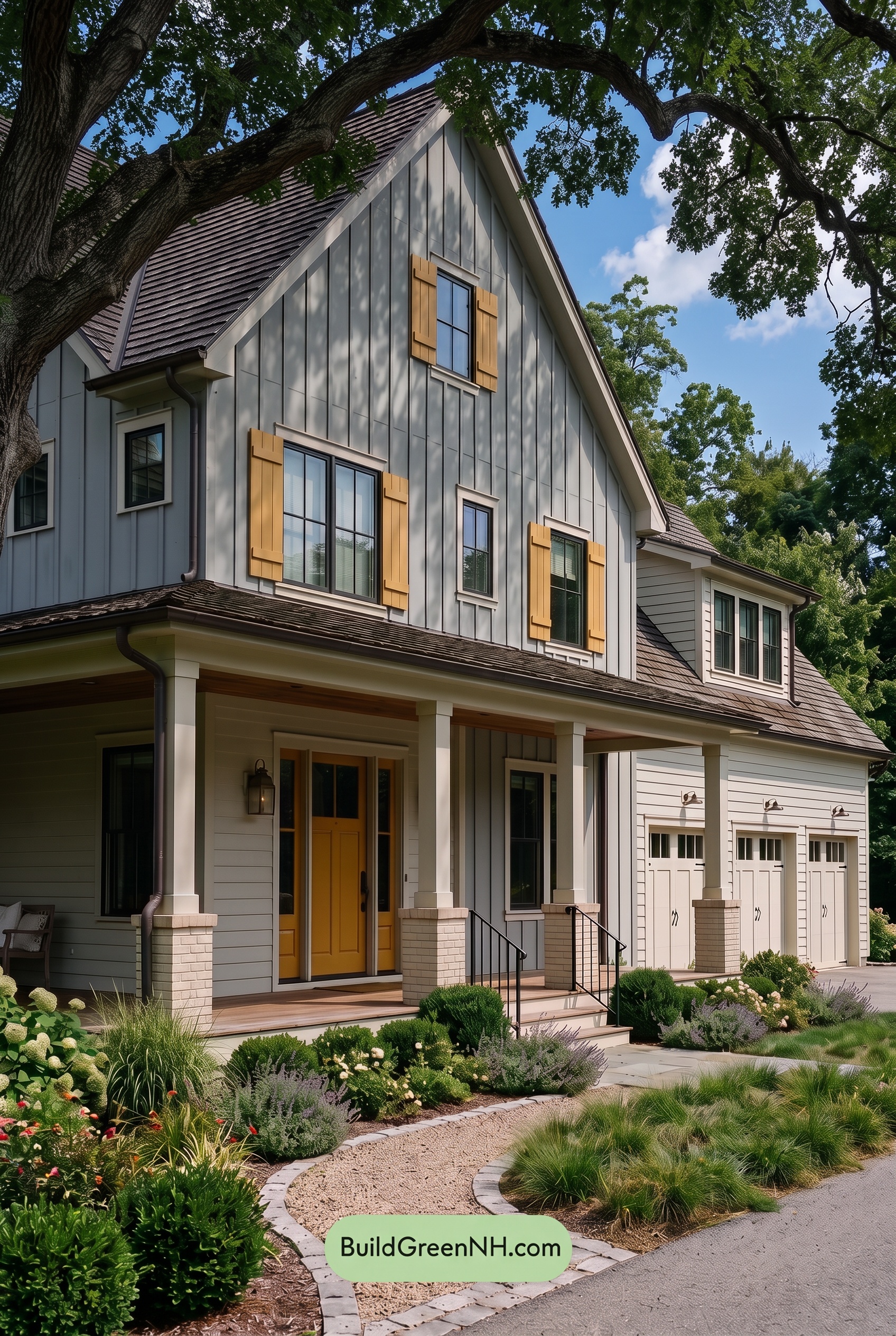 Warm Gray and Cream Farmhouse Exterior Color Scheme: Saffron Shutterline - Shade