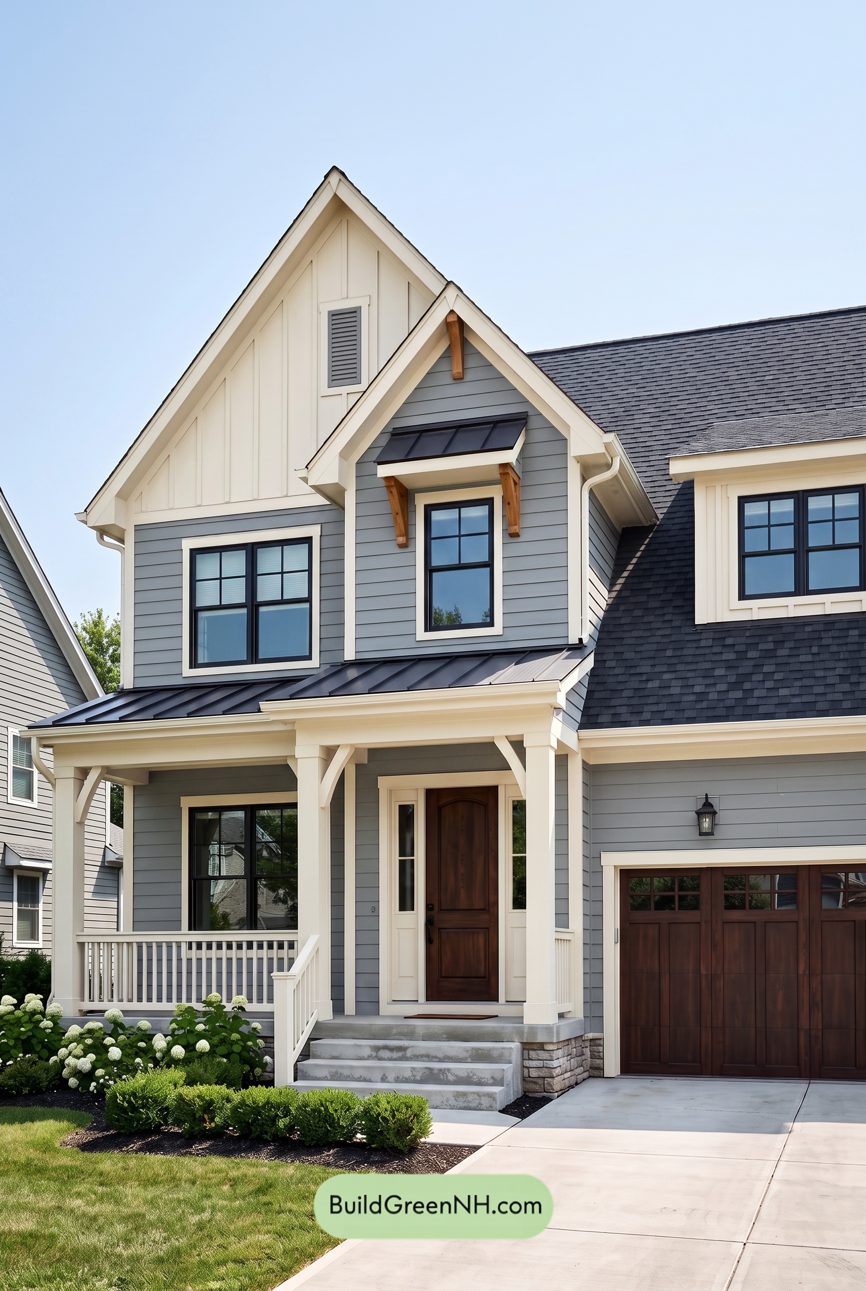 Warm Gray and Cream Farmhouse Exterior Color Scheme: Silver Porch Glow
