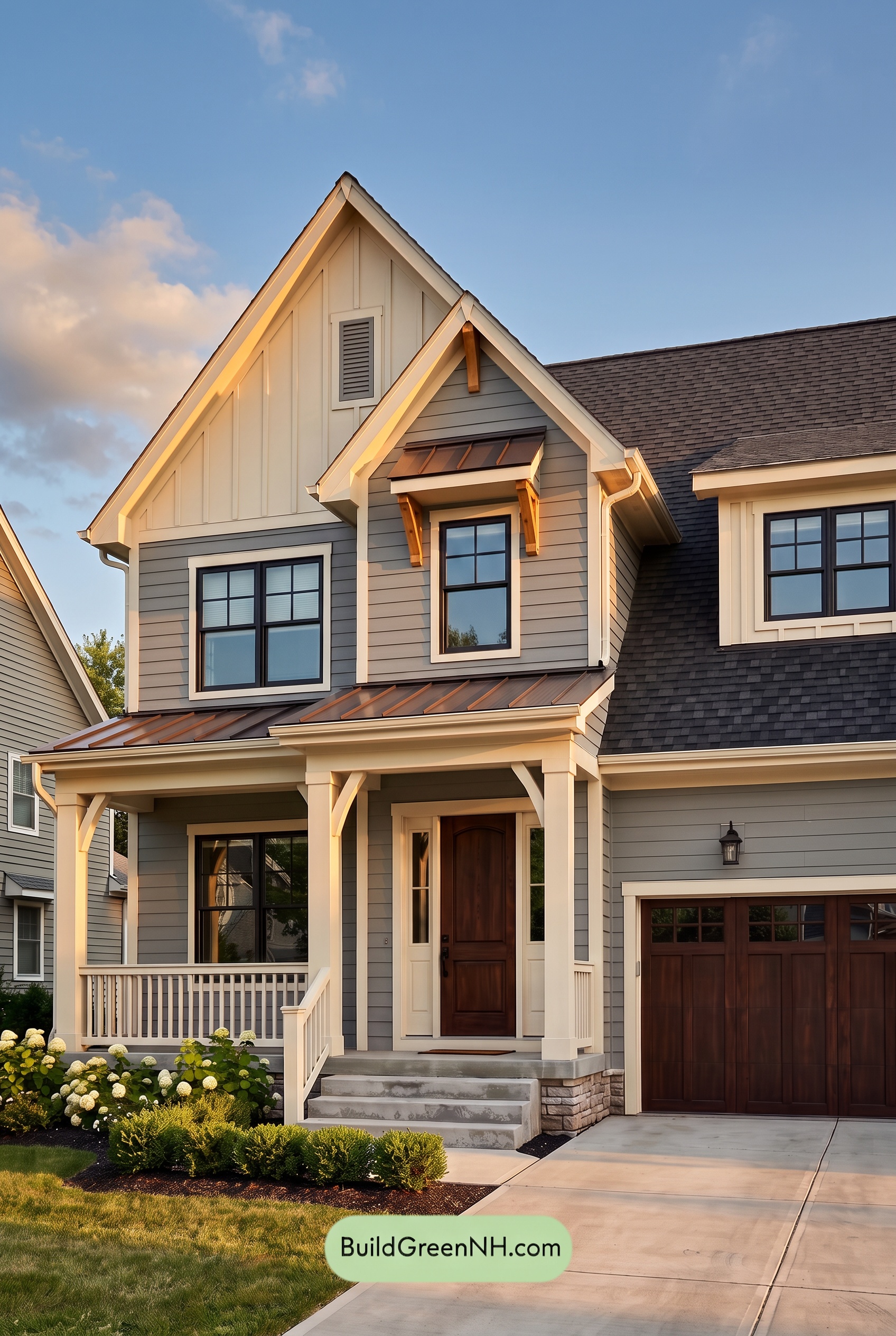 Warm Gray and Cream Farmhouse Exterior Color Scheme: Silver Porch Glow - Golden Hour