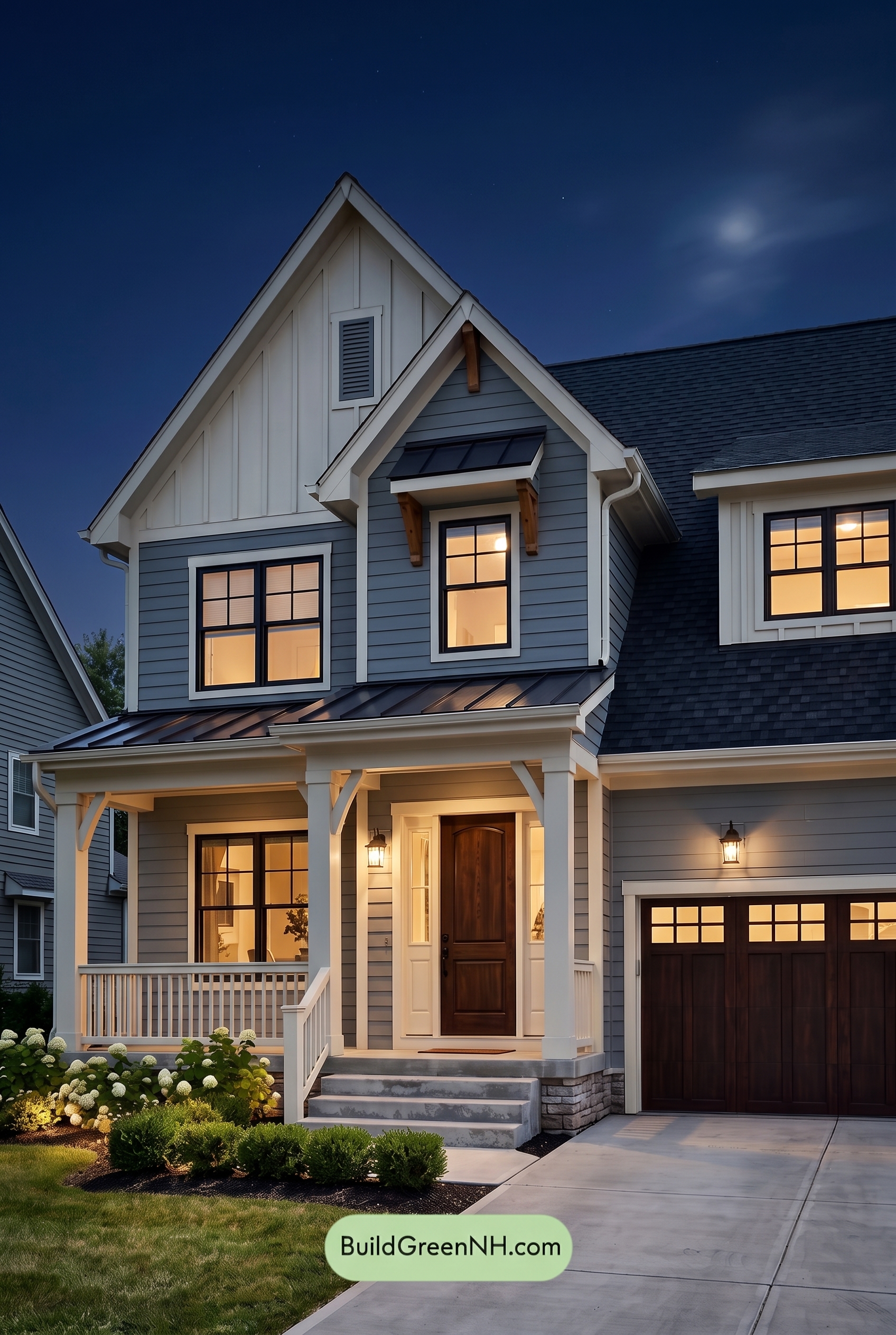Warm Gray and Cream Farmhouse Exterior Color Scheme: Silver Porch Glow - Nighttime