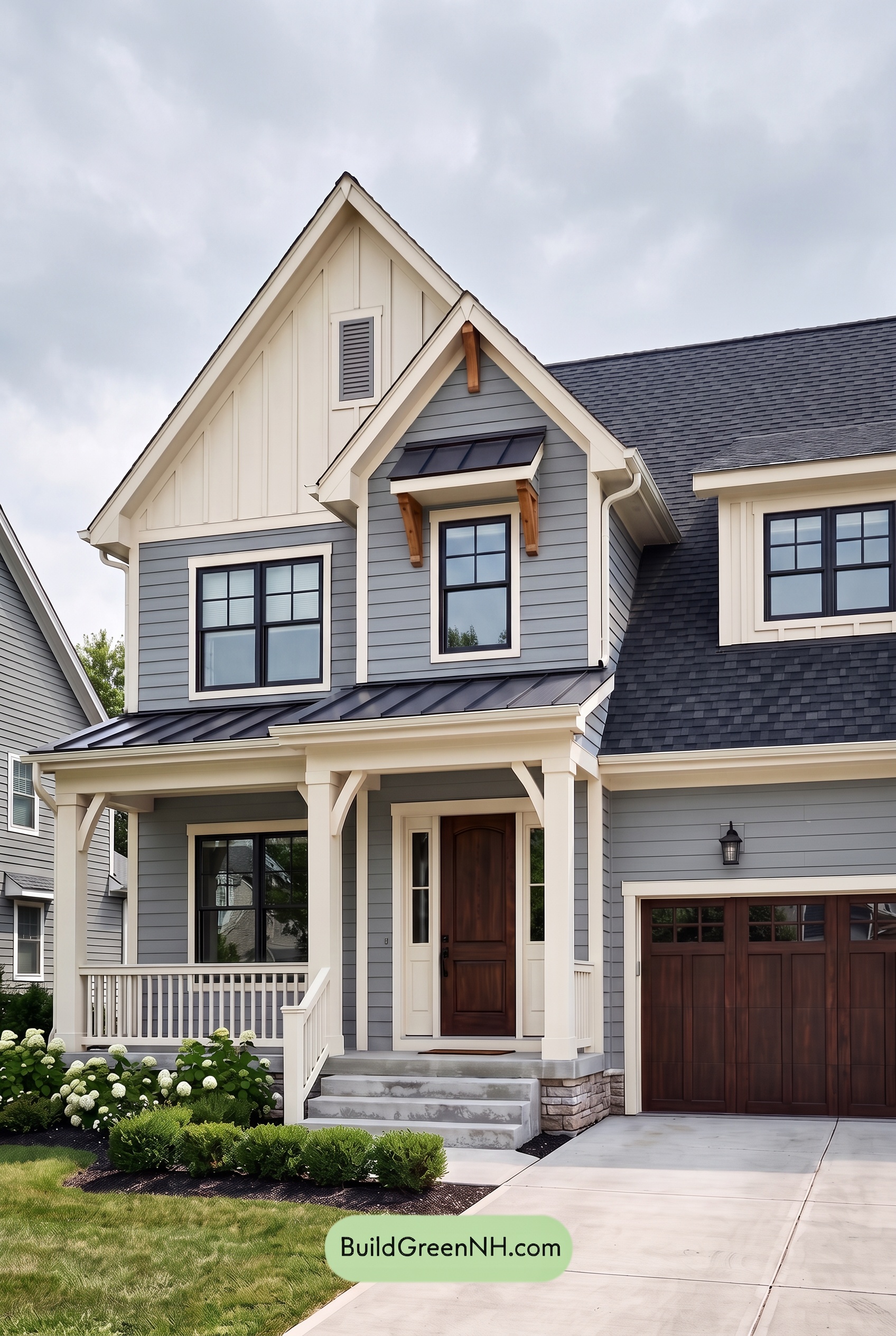 Warm Gray and Cream Farmhouse Exterior Color Scheme: Silver Porch Glow - Overcast