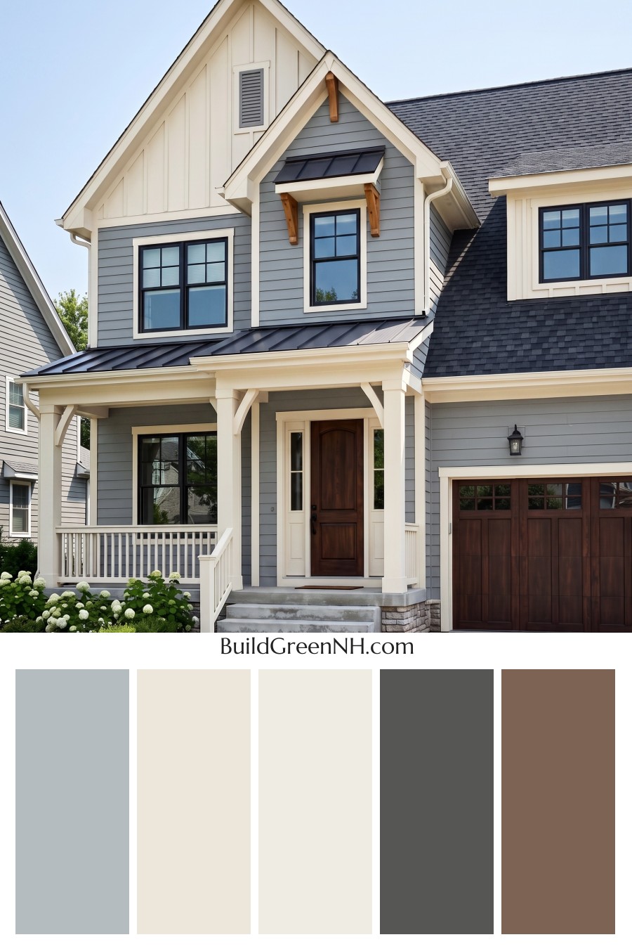 Warm Gray and Cream Farmhouse Exterior Color Scheme: Silver Porch Glow