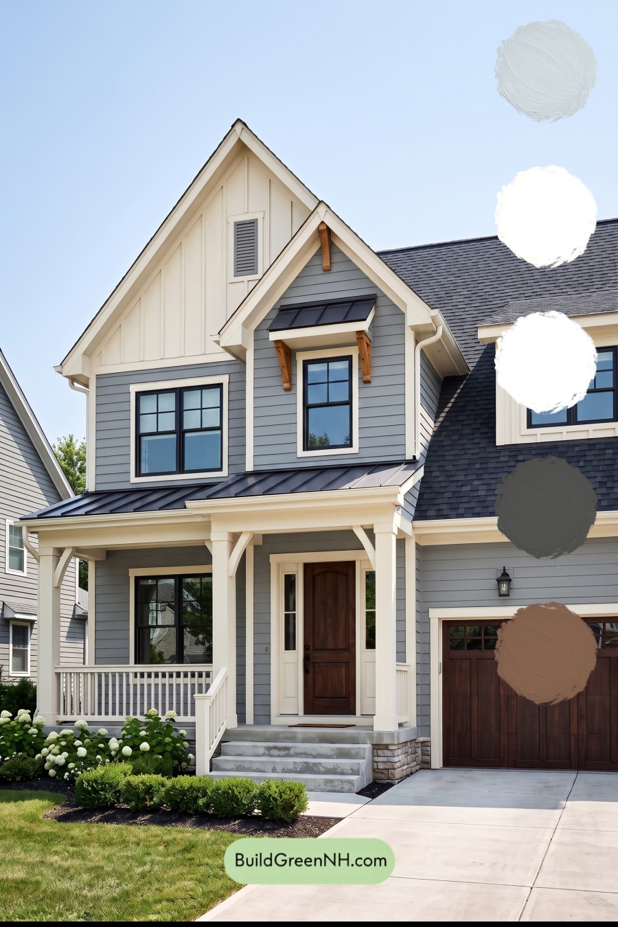 Warm Gray and Cream Farmhouse Exterior Color Scheme: Silver Porch Glow