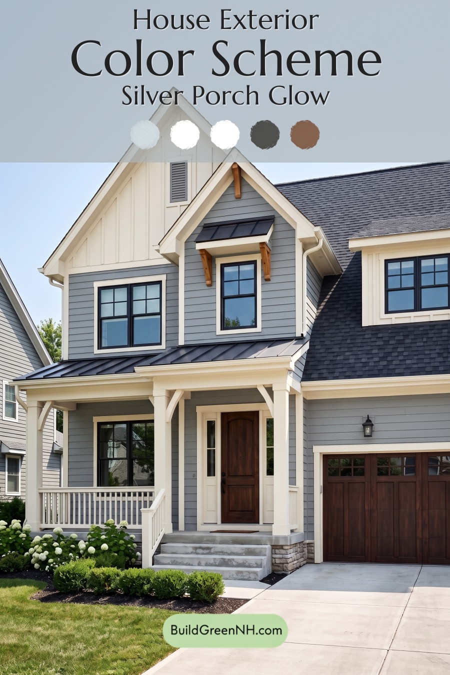 Warm Gray and Cream Farmhouse Exterior Color Scheme: Silver Porch Glow