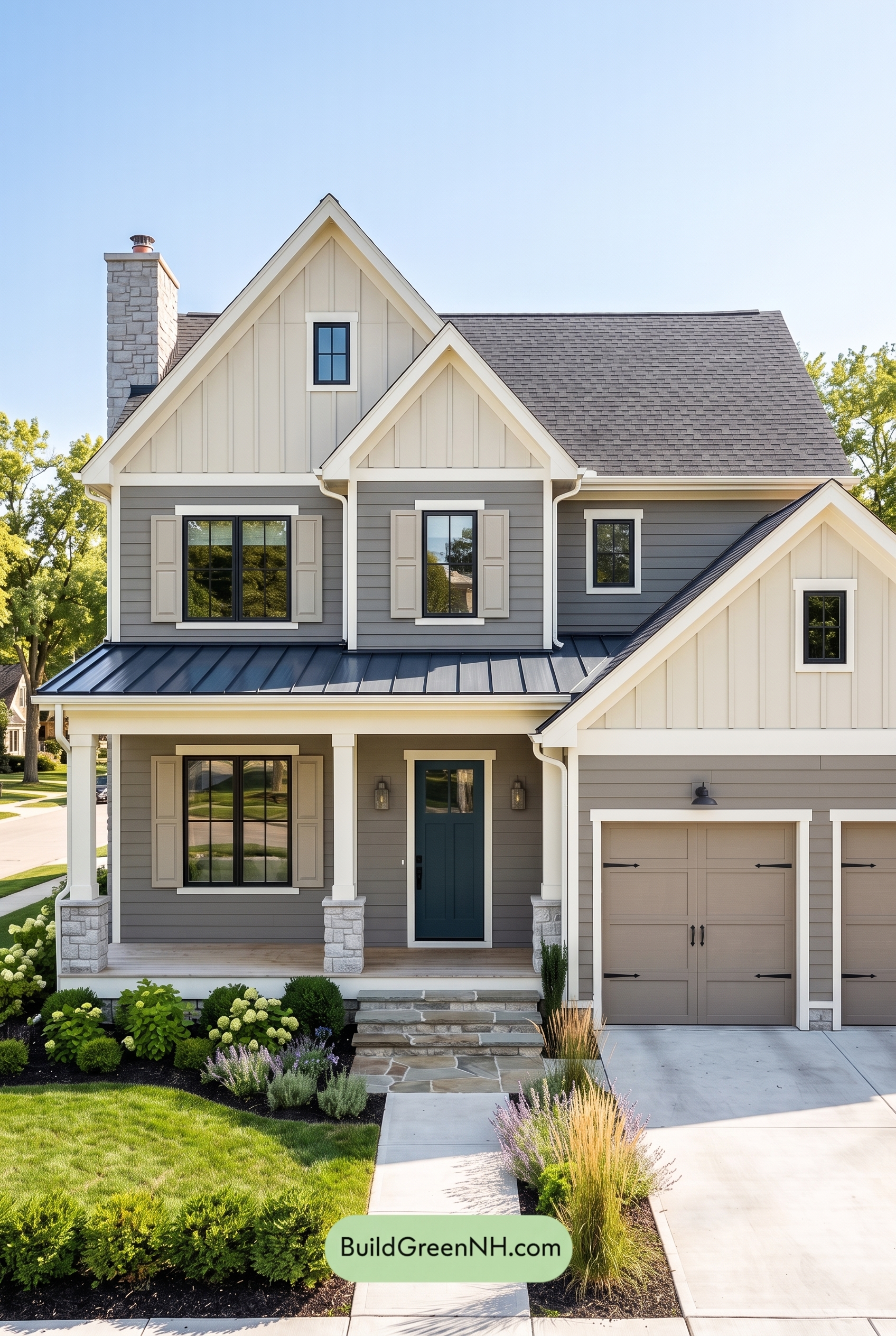 Warm Gray and Cream Farmhouse Exterior Color Scheme: Slate Apron