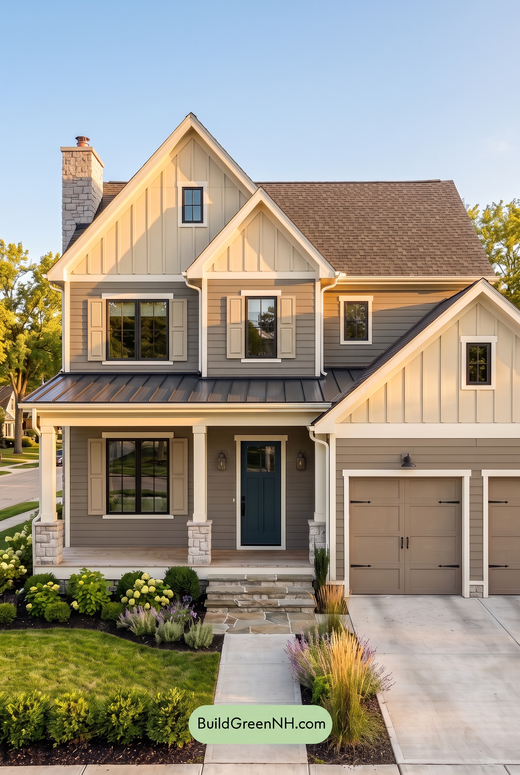 Warm Gray and Cream Farmhouse Exterior Color Scheme: Slate Apron - Golden Hour