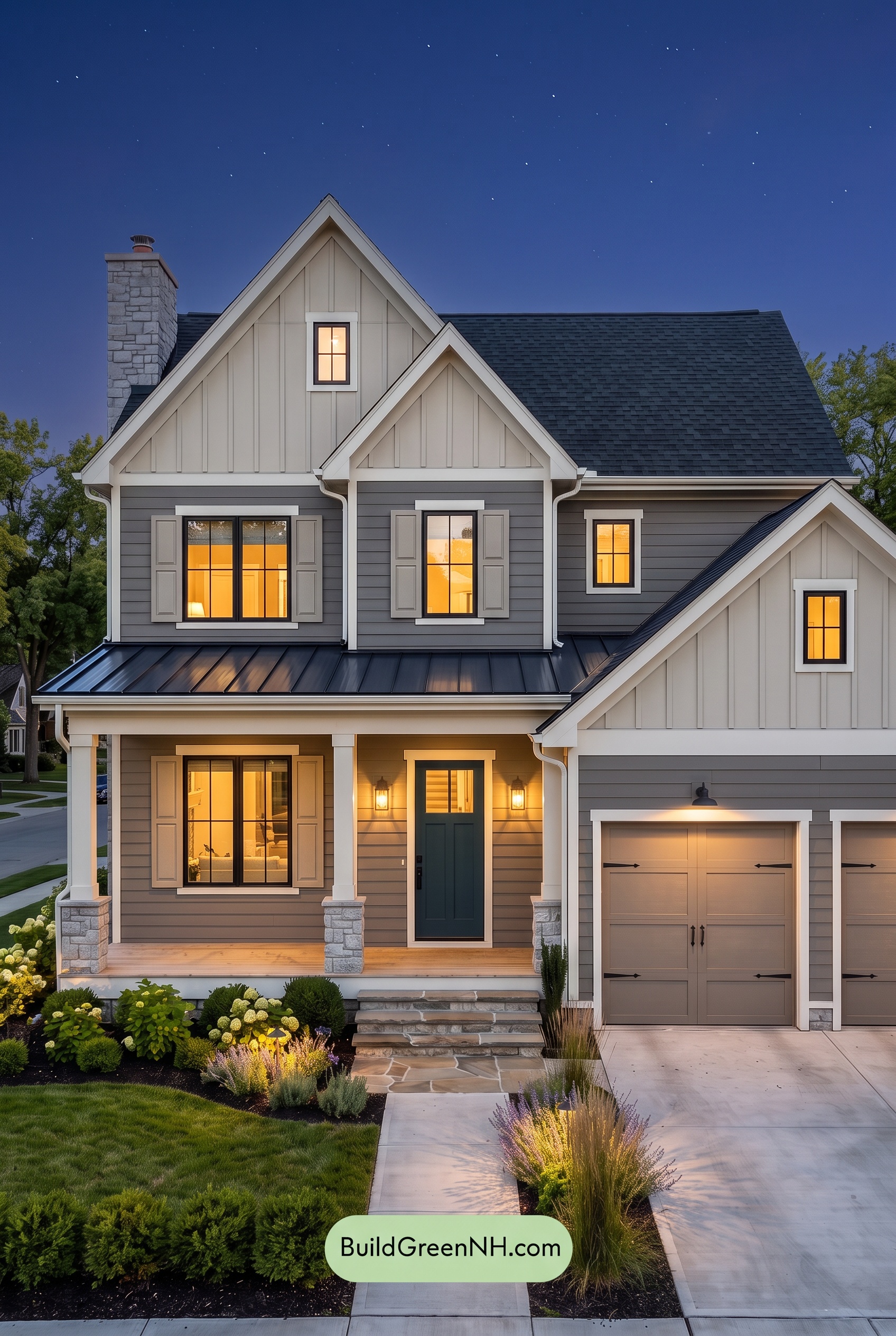 Warm Gray and Cream Farmhouse Exterior Color Scheme: Slate Apron - Nighttime