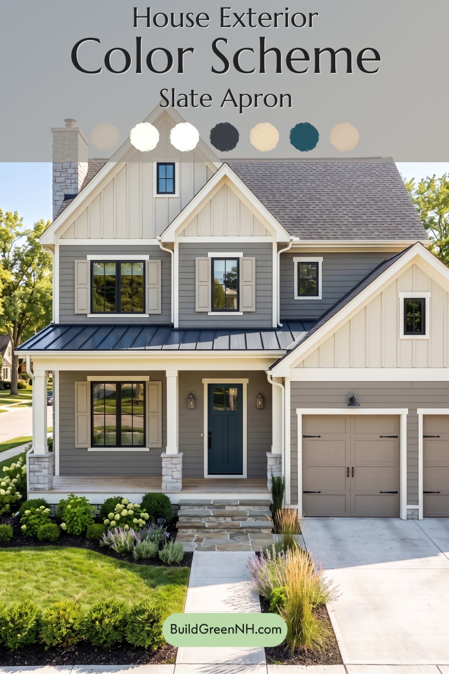 Warm Gray and Cream Farmhouse Exterior Color Scheme: Slate Apron