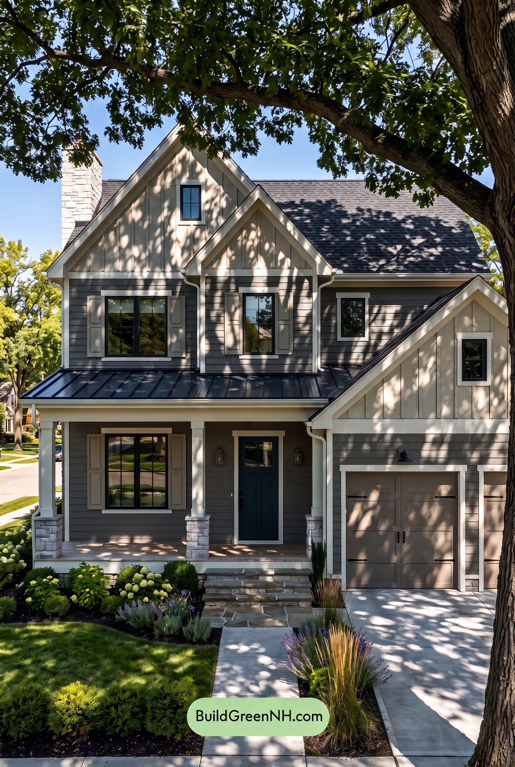 Warm Gray and Cream Farmhouse Exterior Color Scheme: Slate Apron - Shade