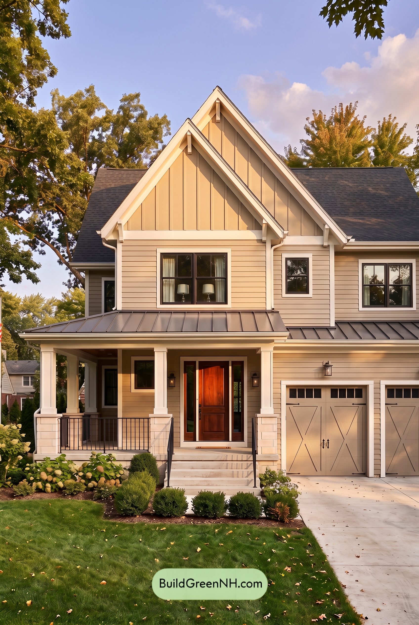 Warm Gray and Cream Farmhouse Exterior Color Scheme: Taupe Lantern - Golden Hour