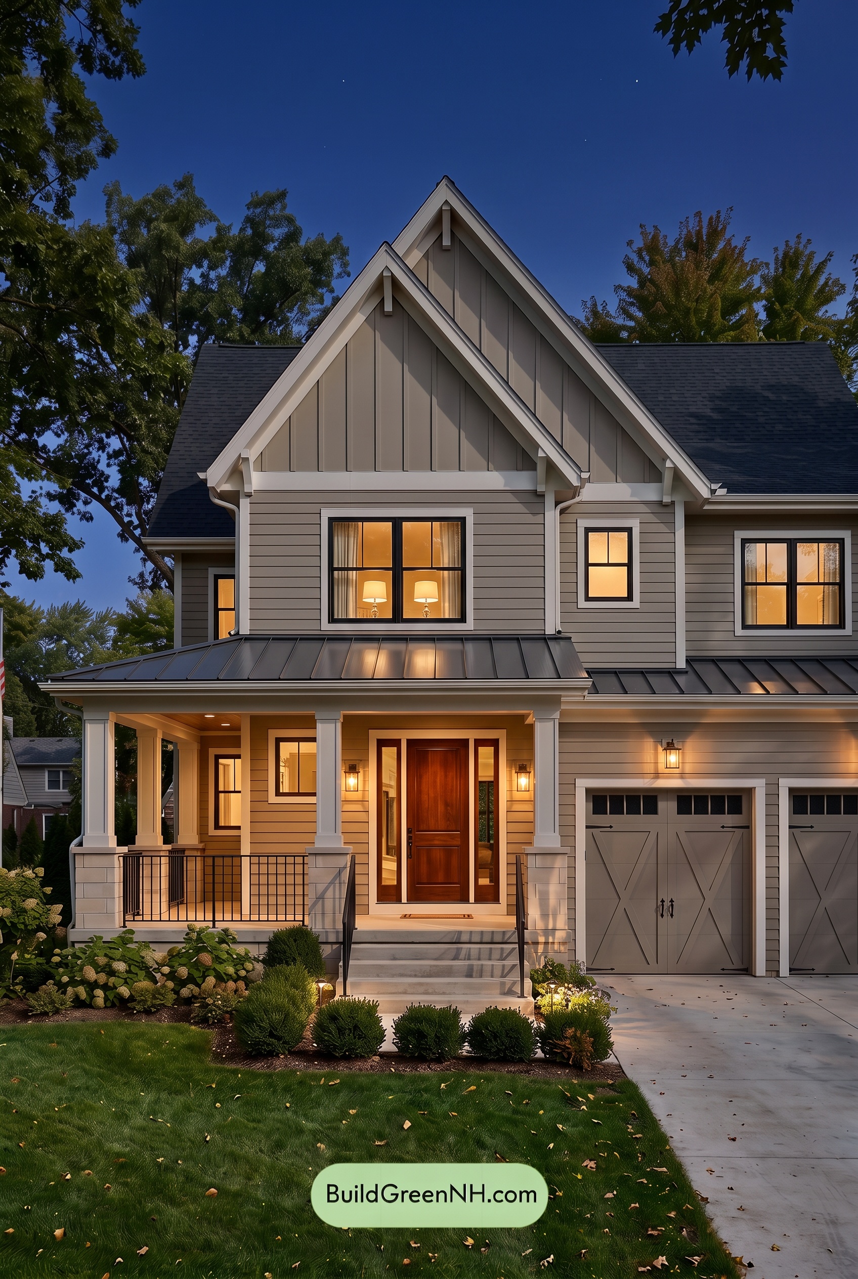 Warm Gray and Cream Farmhouse Exterior Color Scheme: Taupe Lantern - Nighttime