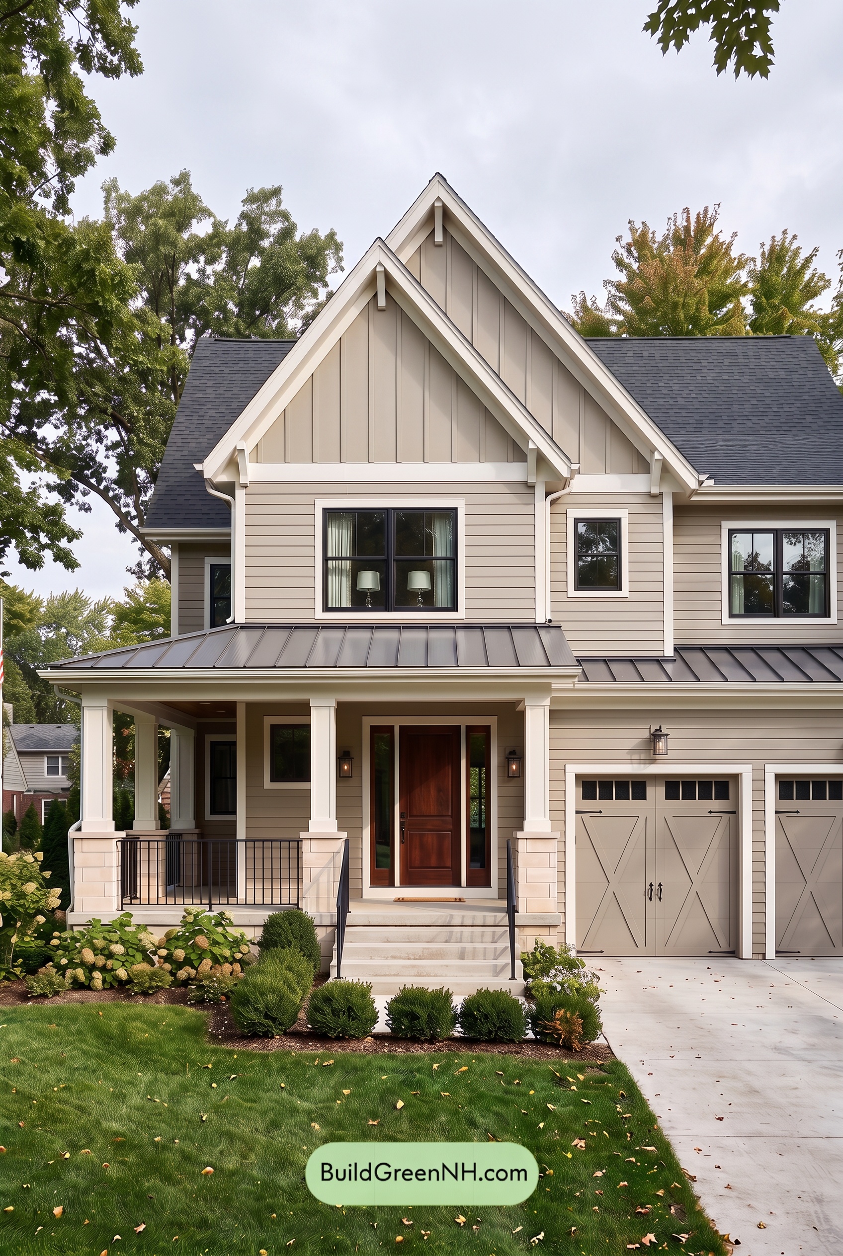 Warm Gray and Cream Farmhouse Exterior Color Scheme: Taupe Lantern - Overcast