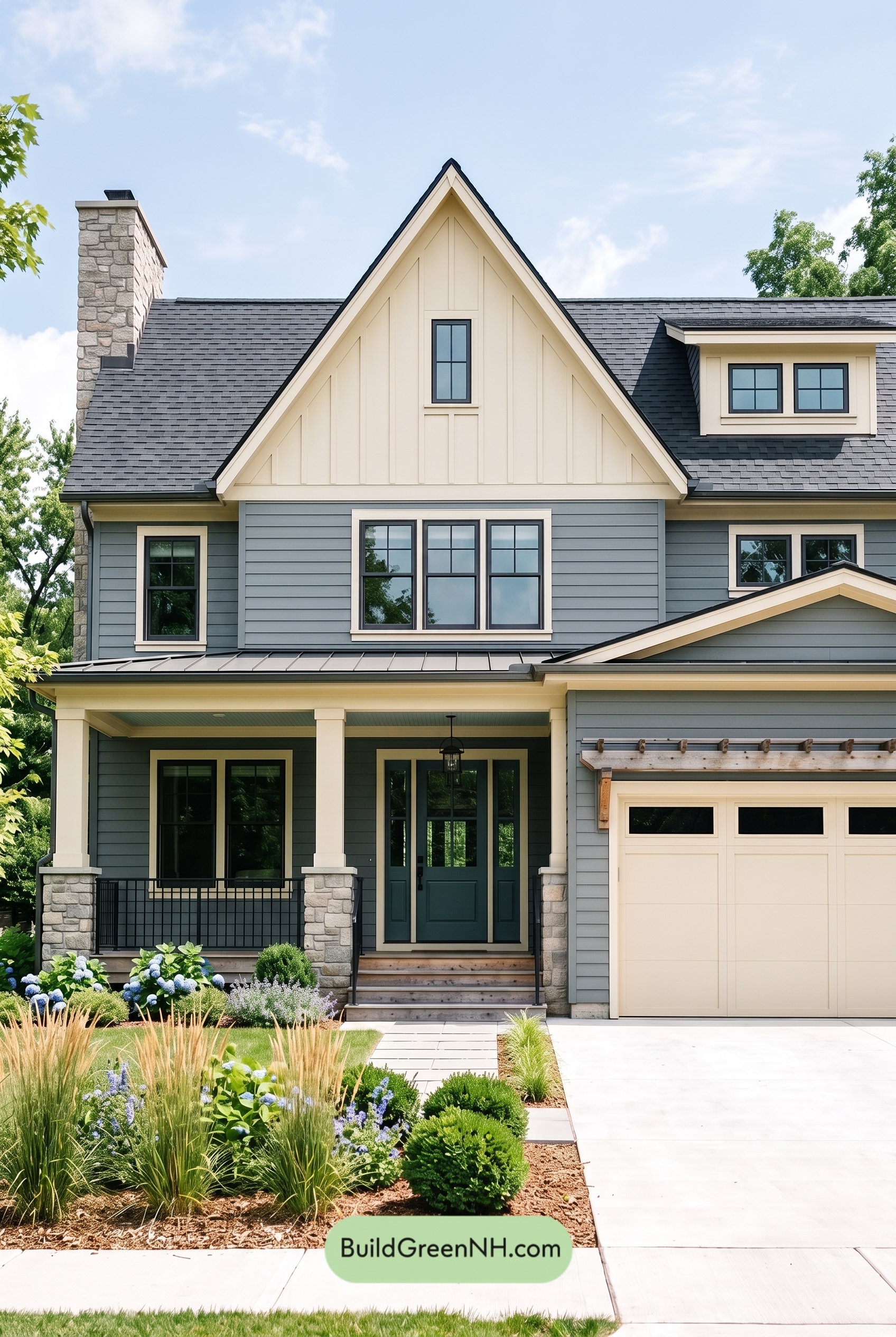Warm Gray and Cream Farmhouse Exterior Color Scheme: Teal Porchmark