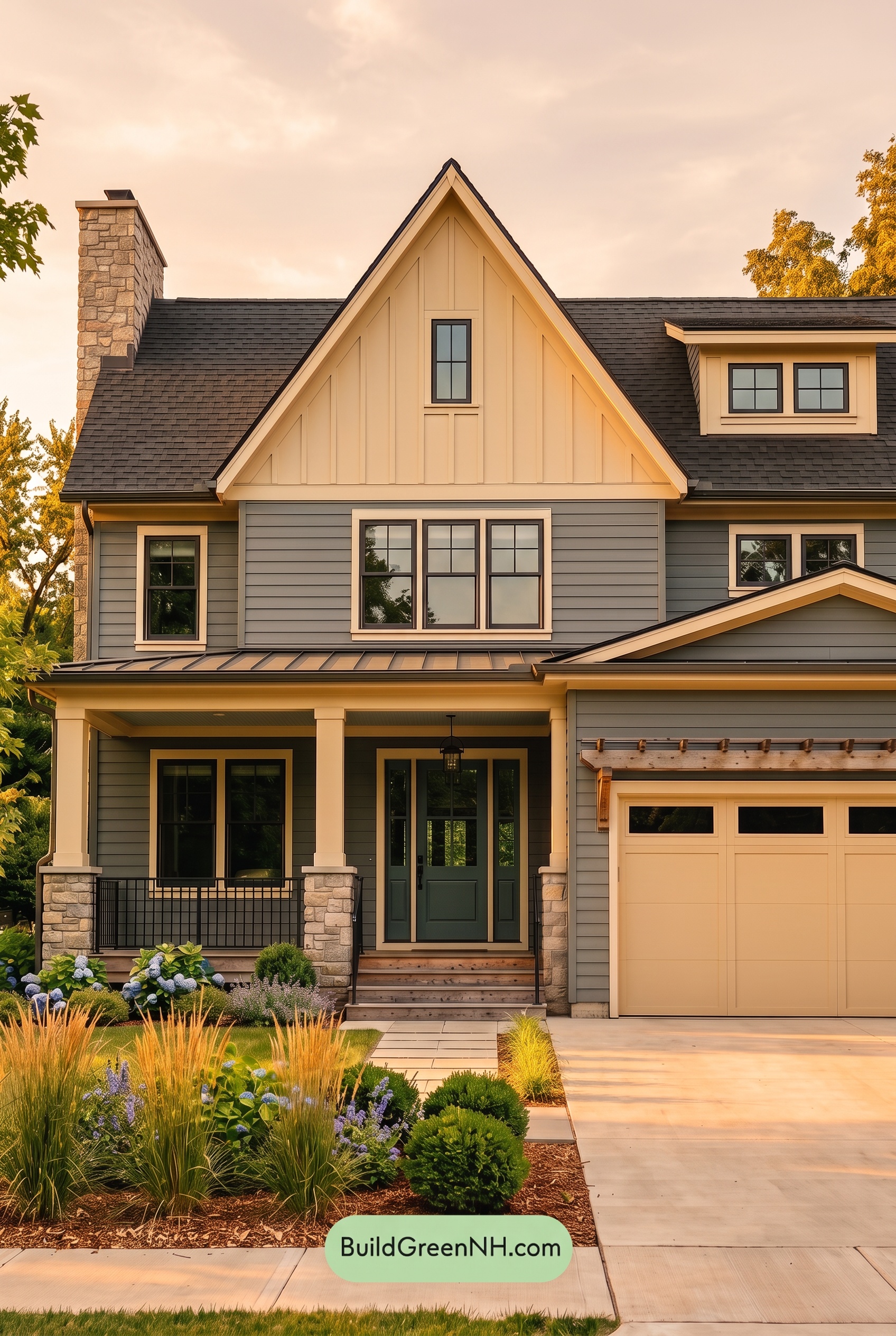 Warm Gray and Cream Farmhouse Exterior Color Scheme: Teal Porchmark - Golden Hour