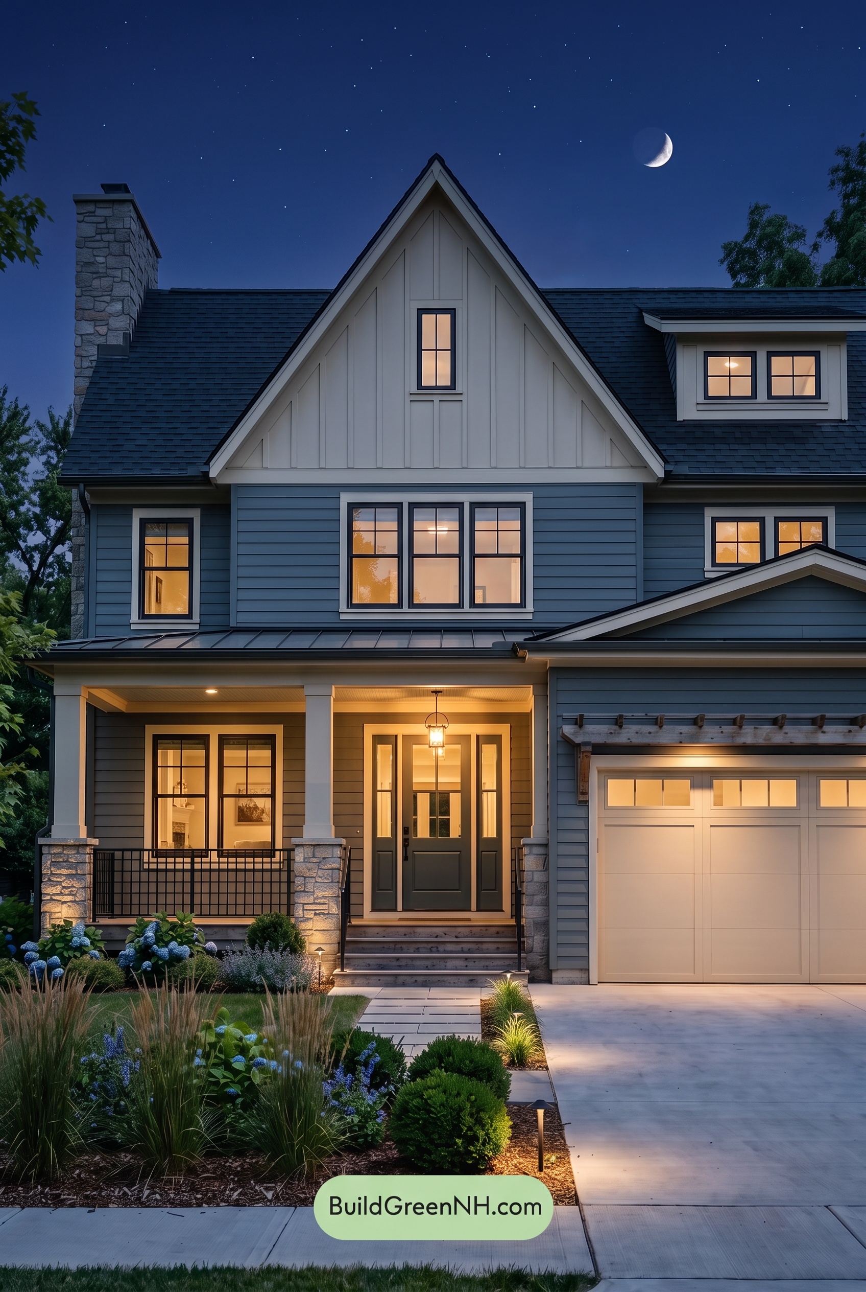Warm Gray and Cream Farmhouse Exterior Color Scheme: Teal Porchmark - Nighttime
