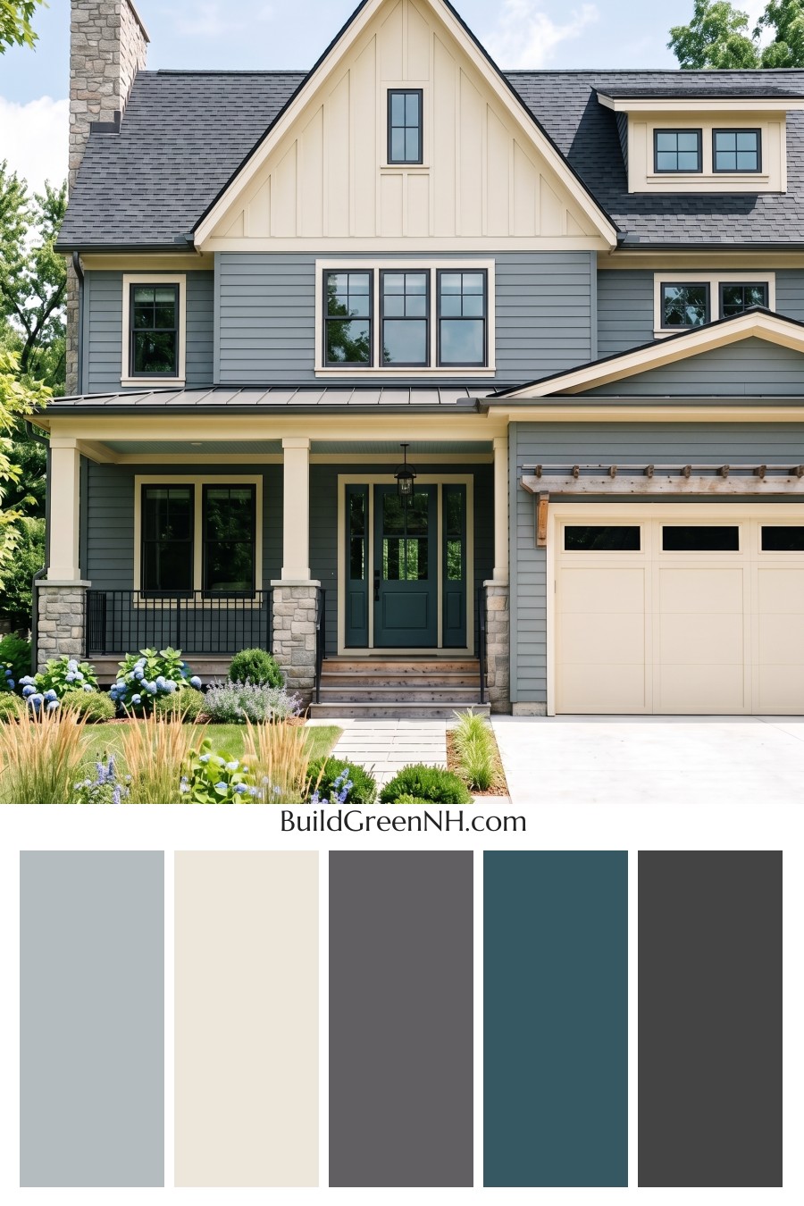 Warm Gray and Cream Farmhouse Exterior Color Scheme: Teal Porchmark