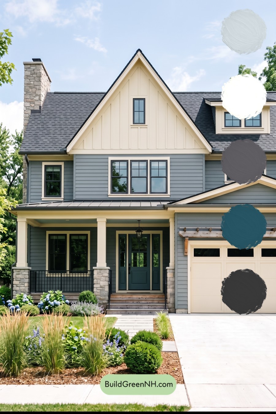 Warm Gray and Cream Farmhouse Exterior Color Scheme: Teal Porchmark