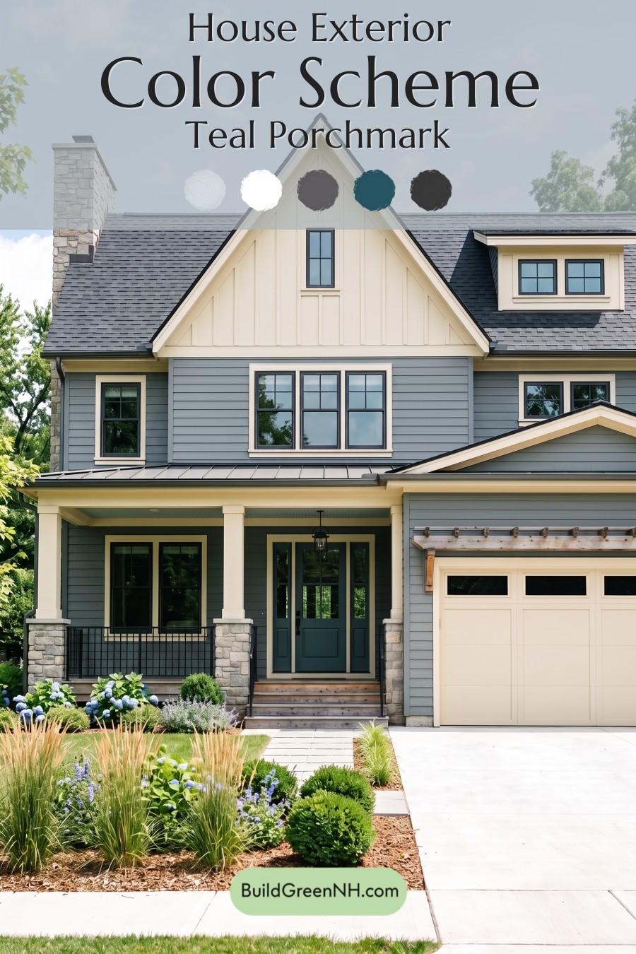 Warm Gray and Cream Farmhouse Exterior Color Scheme: Teal Porchmark