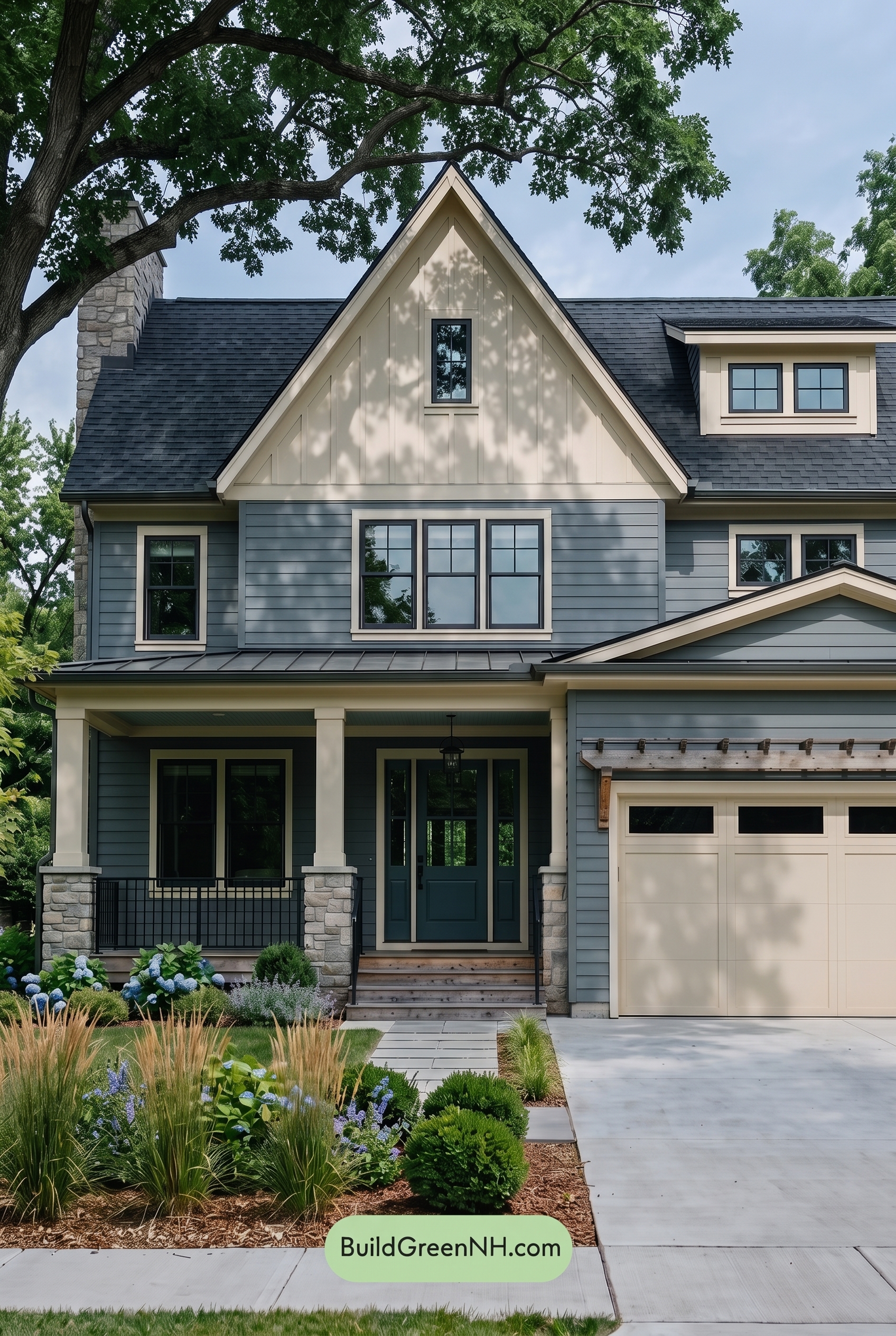 Warm Gray and Cream Farmhouse Exterior Color Scheme: Teal Porchmark - Shade