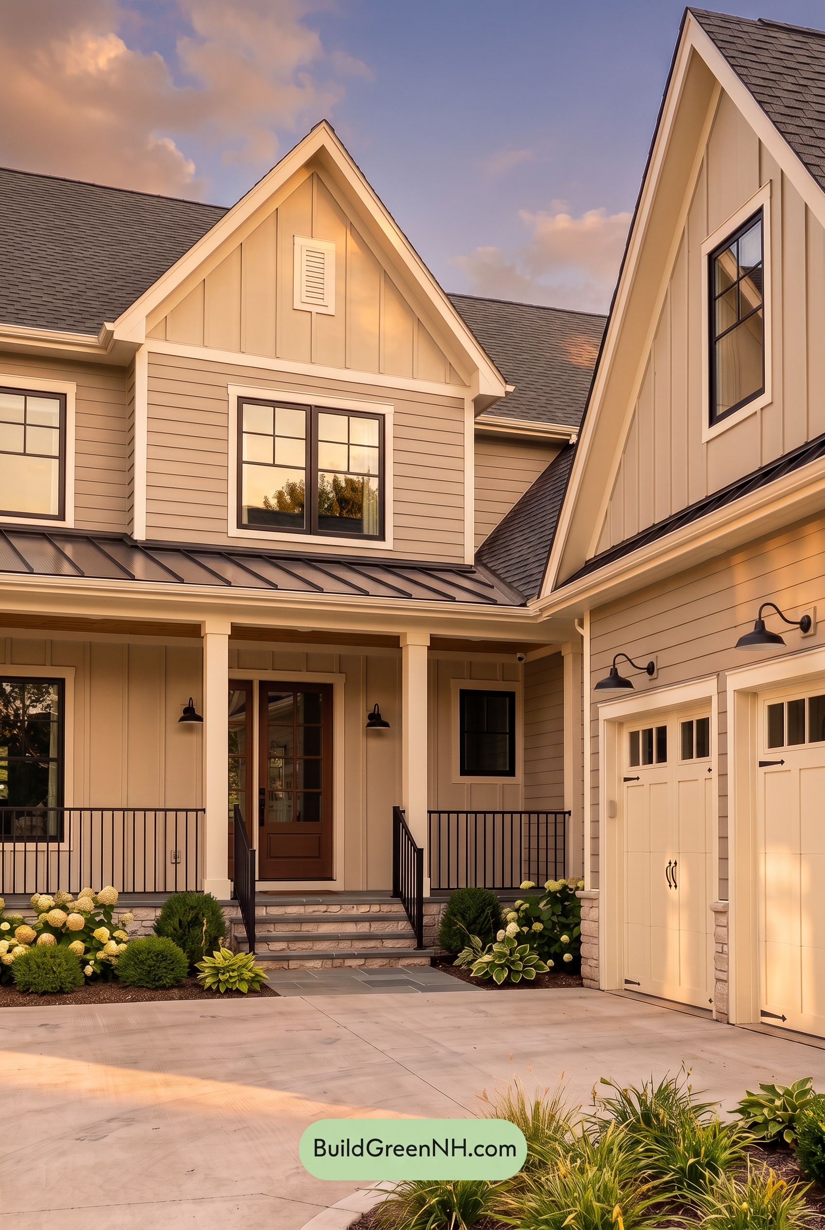 Warm Gray and Cream Farmhouse Exterior Color Scheme: Velvet Gable - Golden Hour