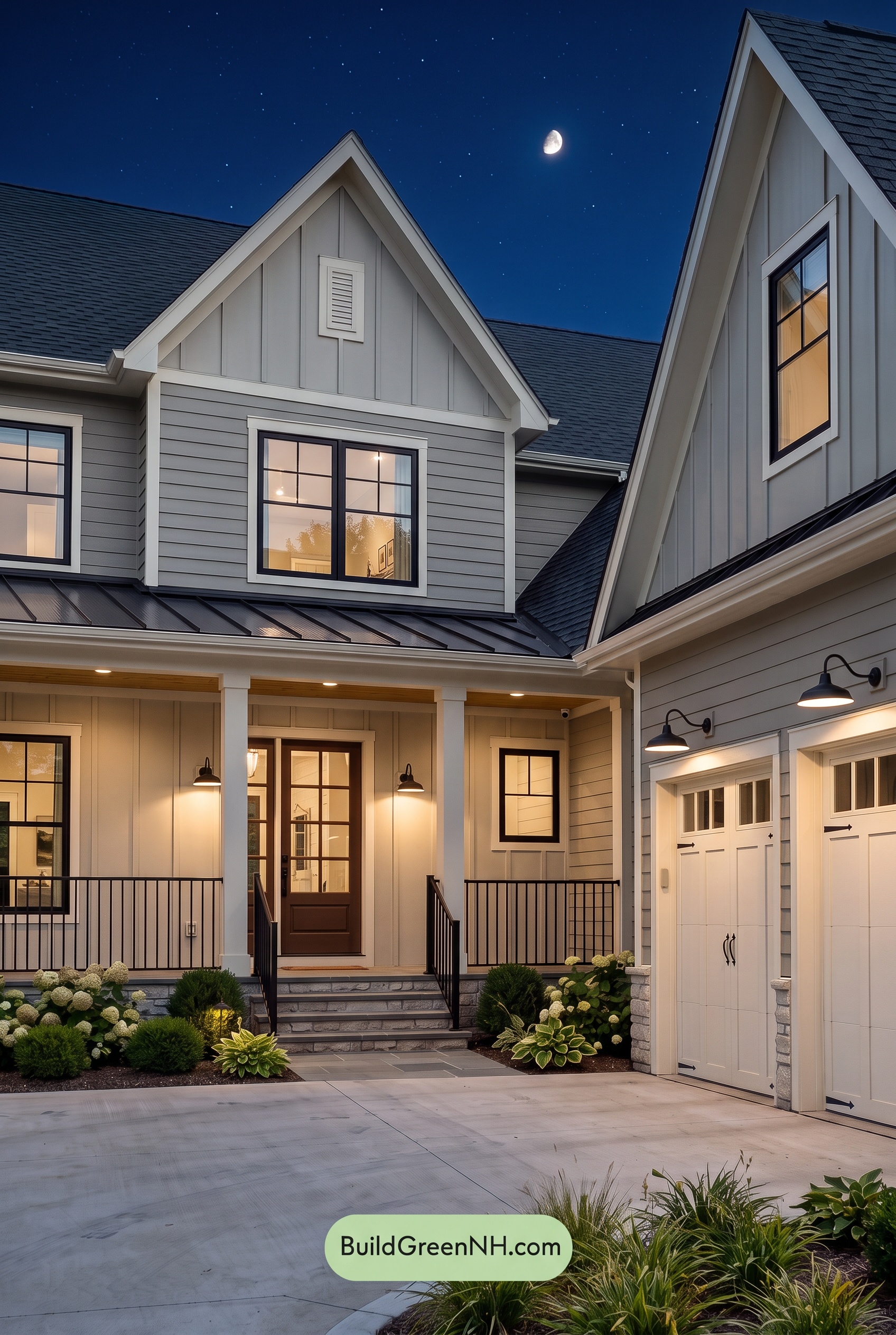 Warm Gray and Cream Farmhouse Exterior Color Scheme: Velvet Gable - Nighttime