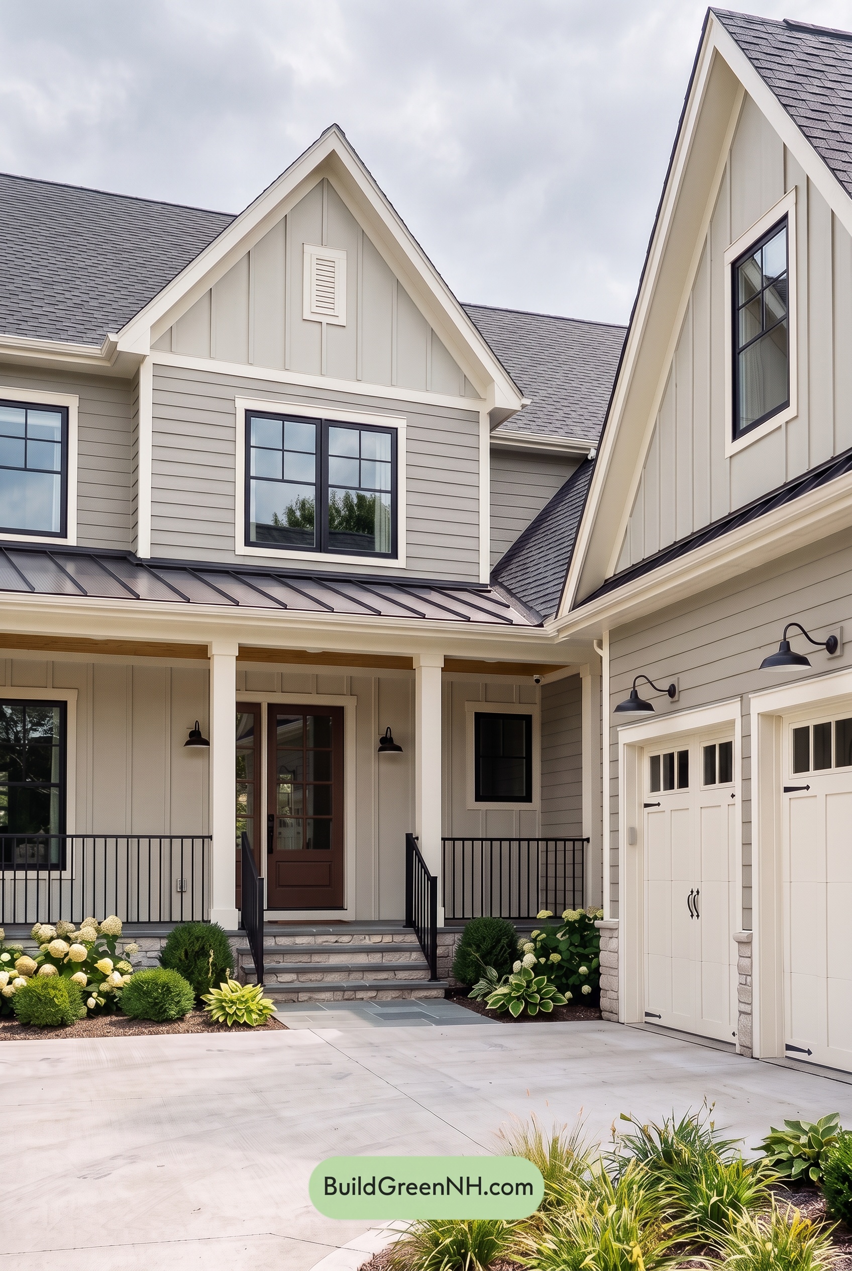 Warm Gray and Cream Farmhouse Exterior Color Scheme: Velvet Gable - Overcast