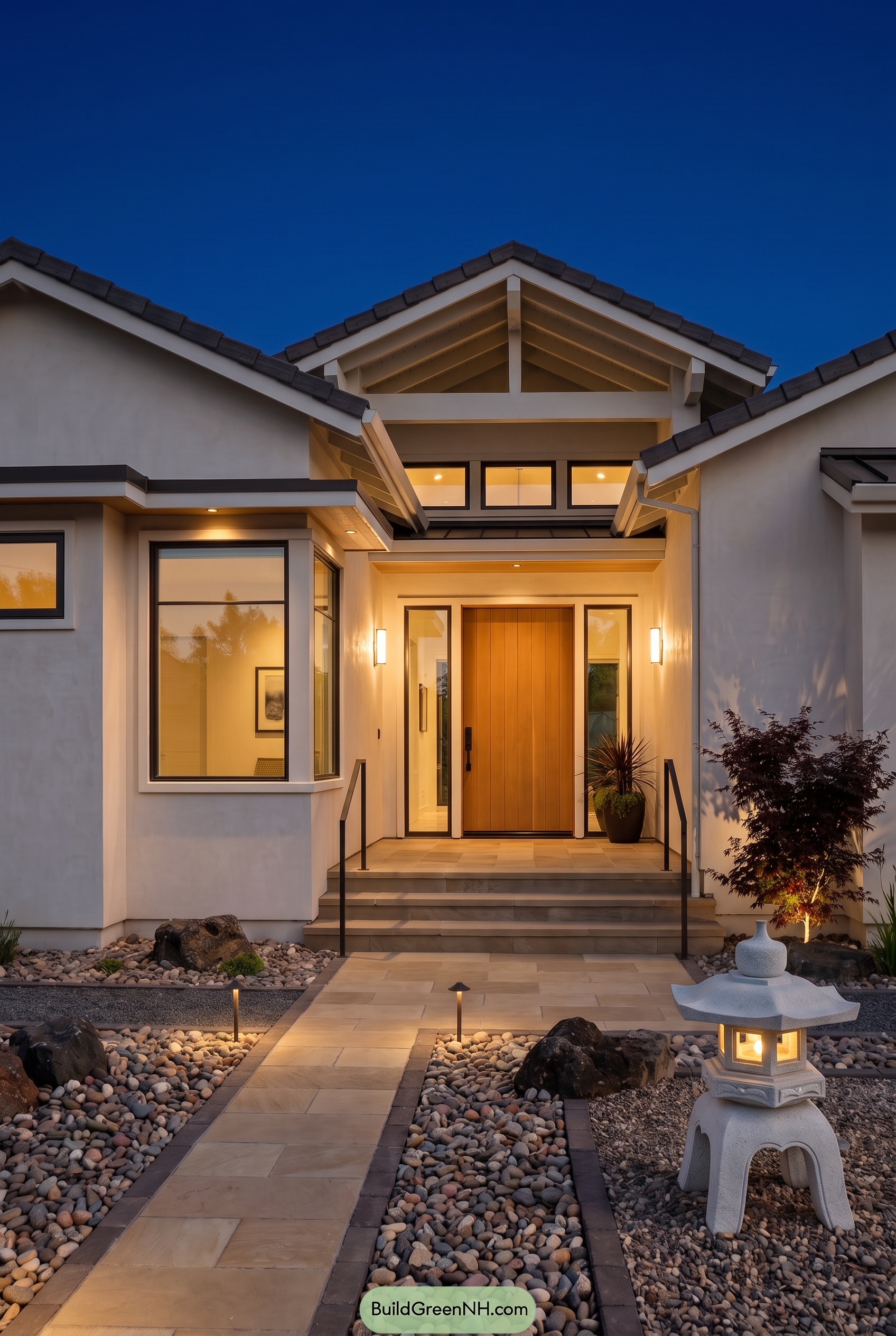 White Stucco House Exterior Color Scheme: Zen Inspired Modern Stucco - Nighttime