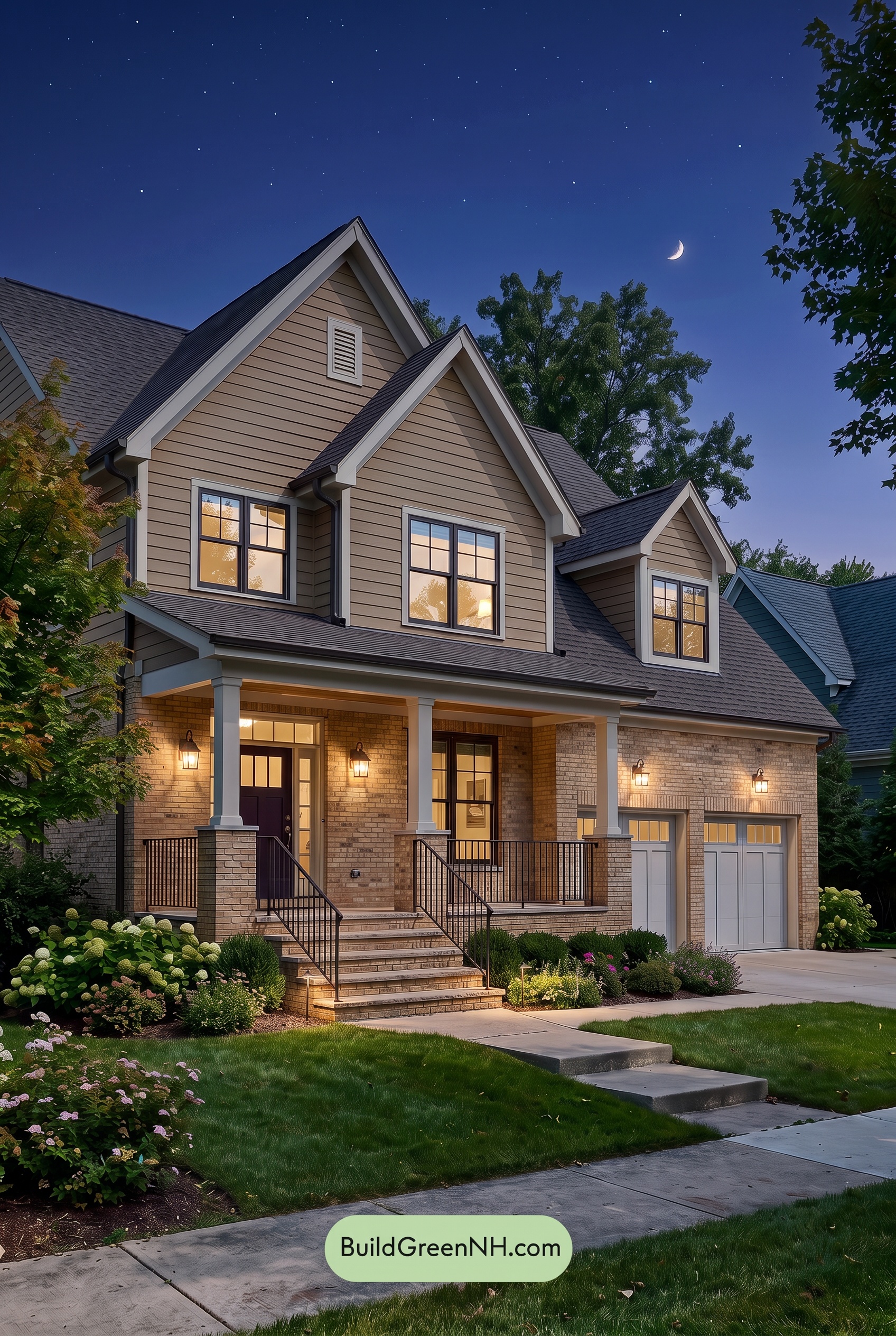 Yellow Brick House Exterior Color Scheme: Amber Veranda - Nighttime