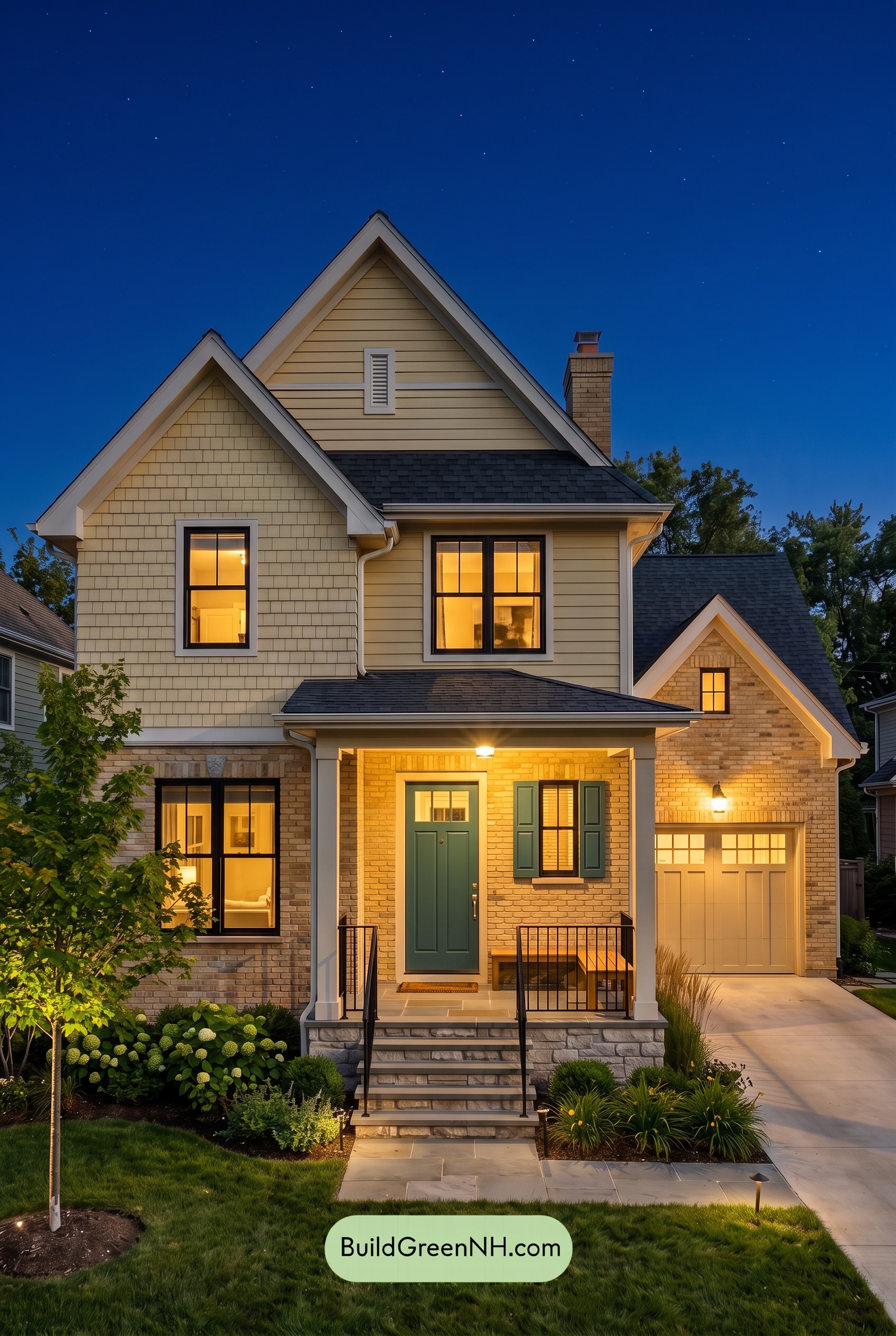 Yellow Brick House Exterior Color Scheme: Citrine Compass - Nighttime