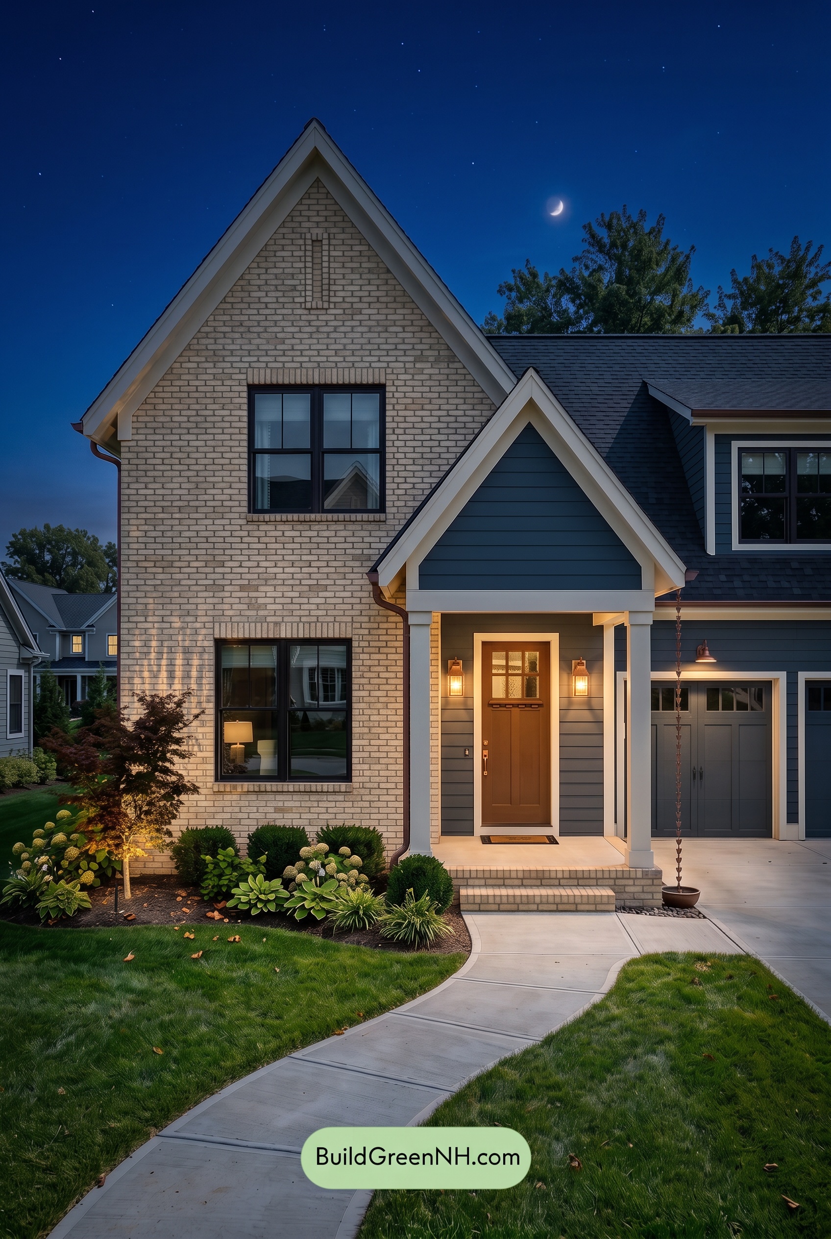 Yellow Brick House Exterior Color Scheme: Cobalt Hearth Crest - Nighttime
