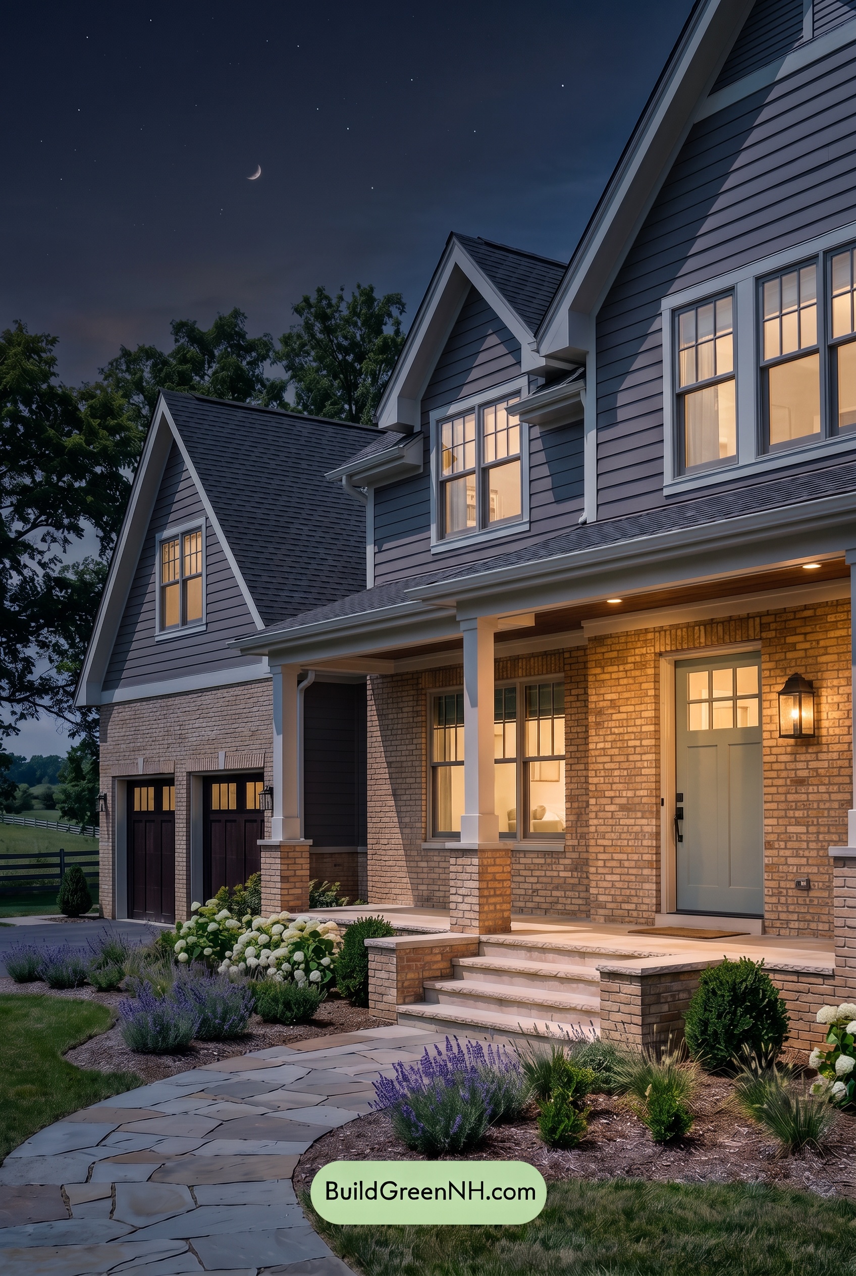 Yellow Brick House Exterior Color Scheme: Copperfield Poise - Nighttime