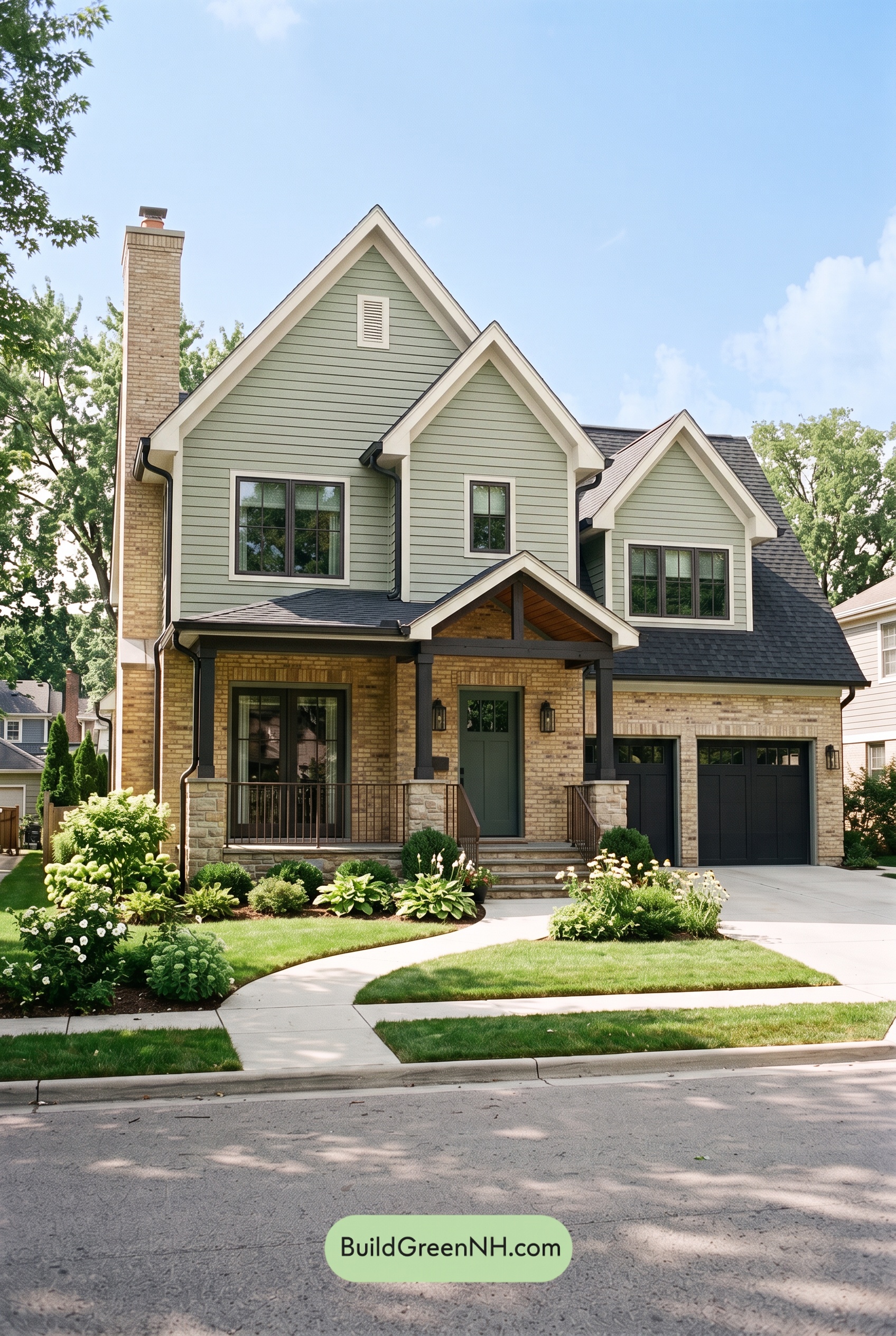 Yellow Brick House Exterior Color Scheme: Eucalyptus Gable Glow